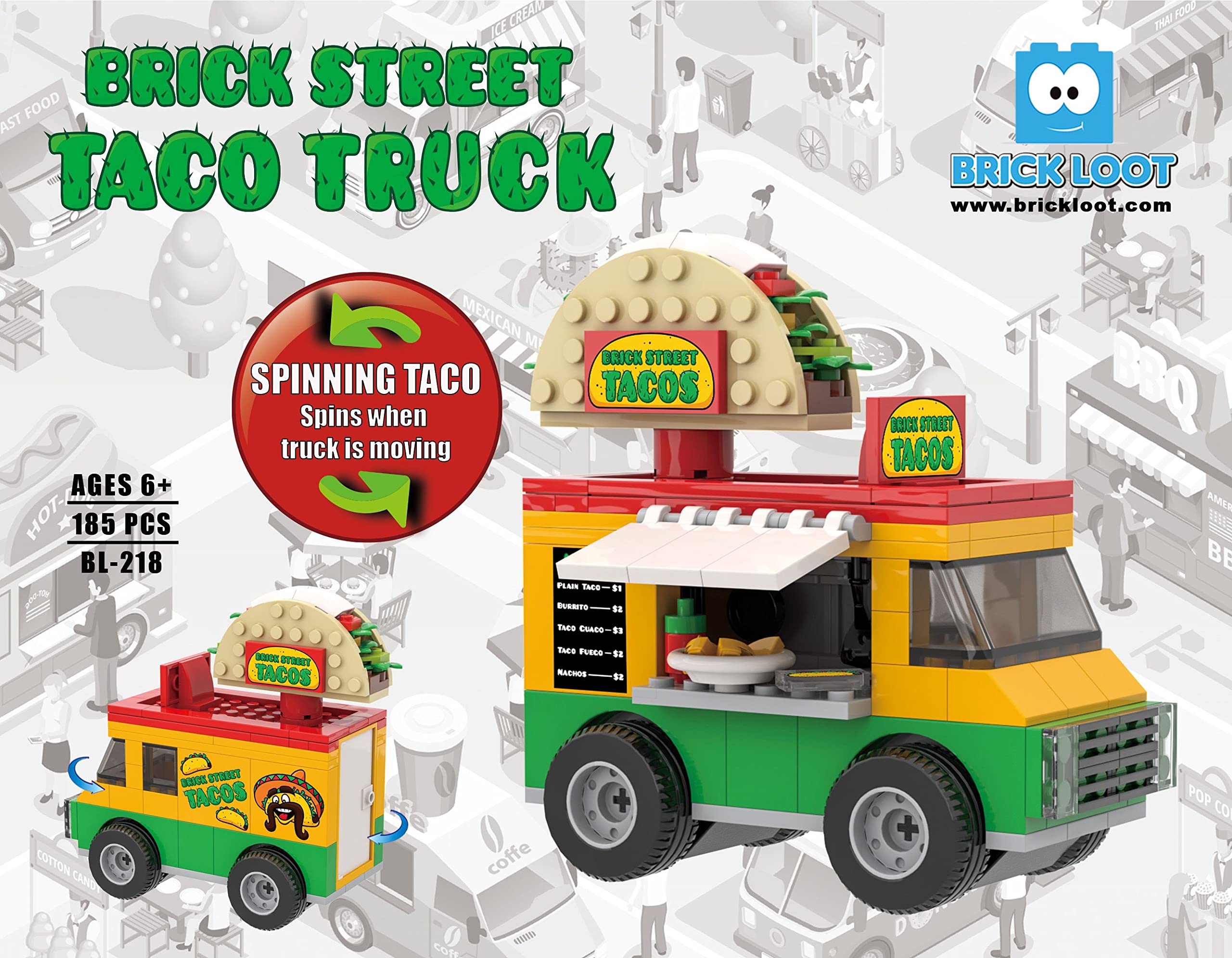 Brick Loot Taco Truck Toy Building Block Set - 185 Pieces with Spinning Street Sign | Compatible with Lego & Major Brands | Creative STEM Toy for Kids Age 6+ & Adults | Perfect for Playtime, Collectors & DIY Model Building