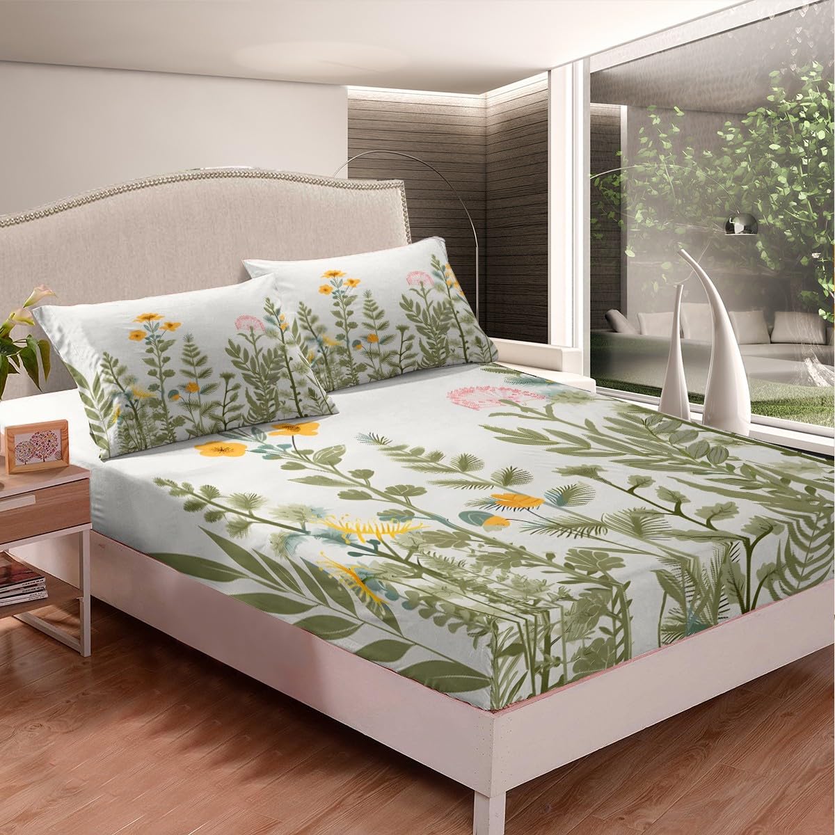 Feelyou Floral Bed Sheet Set 2-Piece - Botanical Green Plant Printed Sheets with Wild Flower & Branch Design, Includes 1 Pillowcase, Twin Size - Perfect for Spring Bedroom Decor & Guest Room Styling