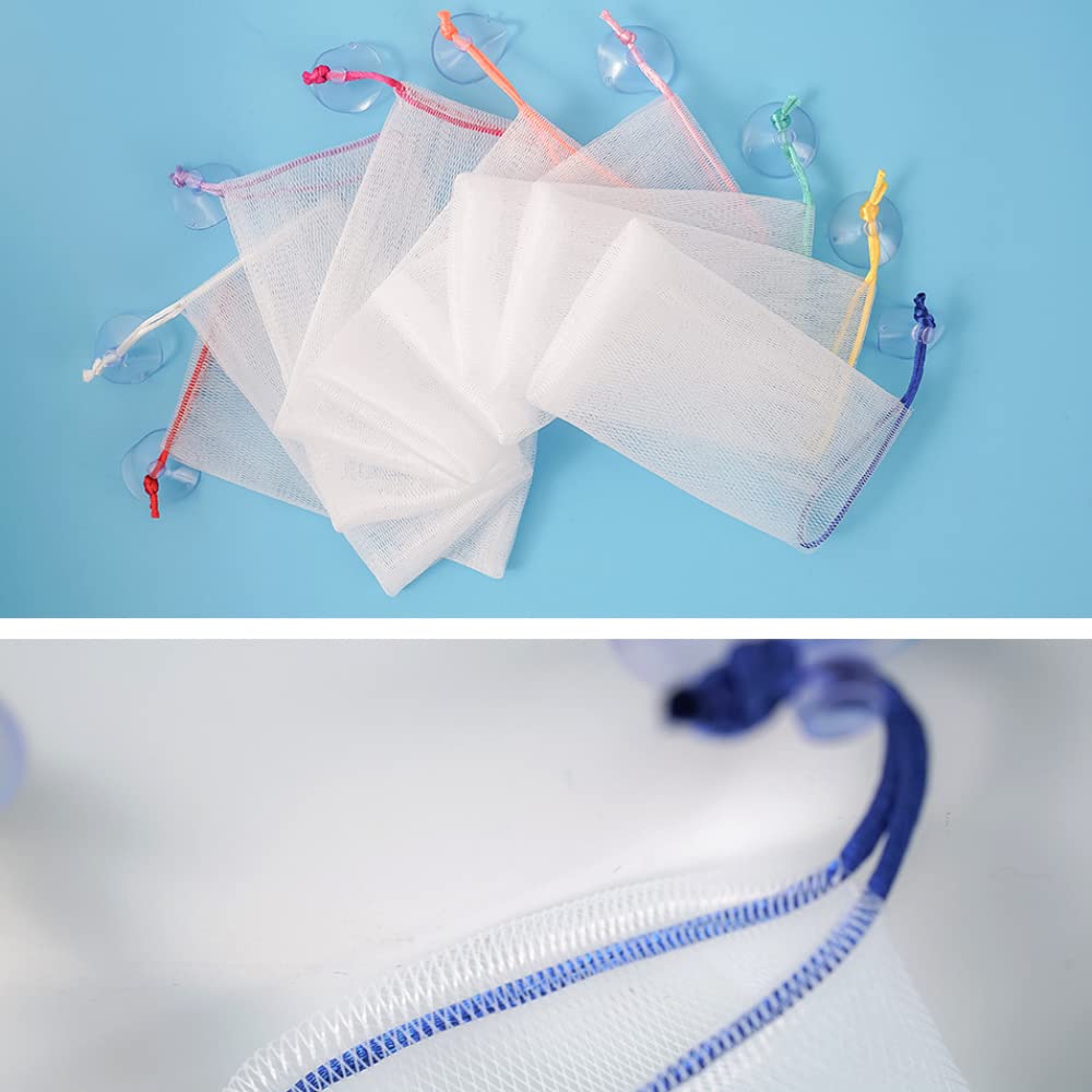 100PCS Exfoliating Mesh Soap Pouches - Reusable Bubble Foaming Net Soap Bags with Drawstring & Suction Cup - Soap Savers for Shower, Bath, Travel & Gym - Gentle Exfoliation & Lather Booster