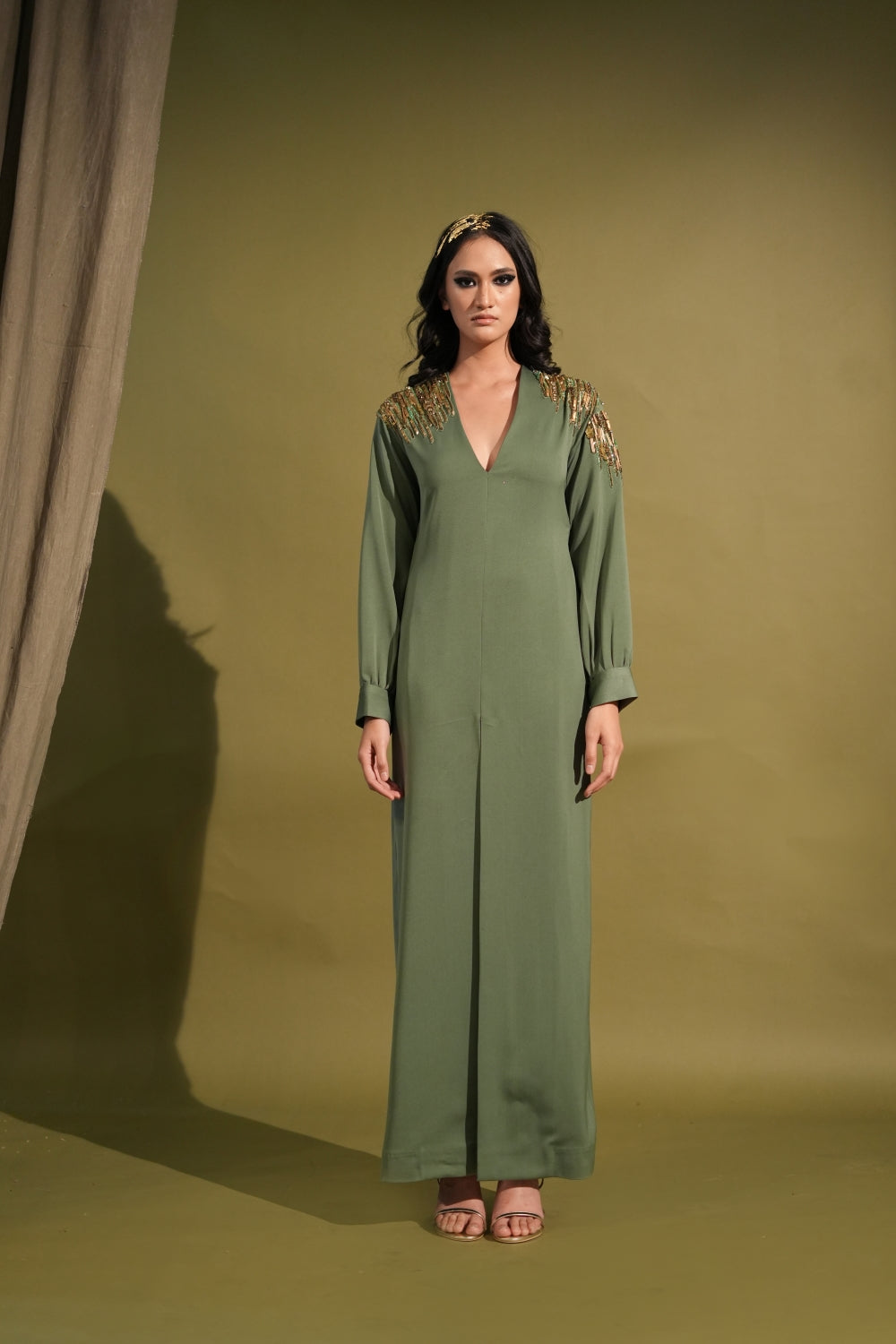 Elegant Dark Jade Green Slit Dress with Metallic Gold Embellishments - Perfect for Evening Parties, Cocktail Events & Special Occasions