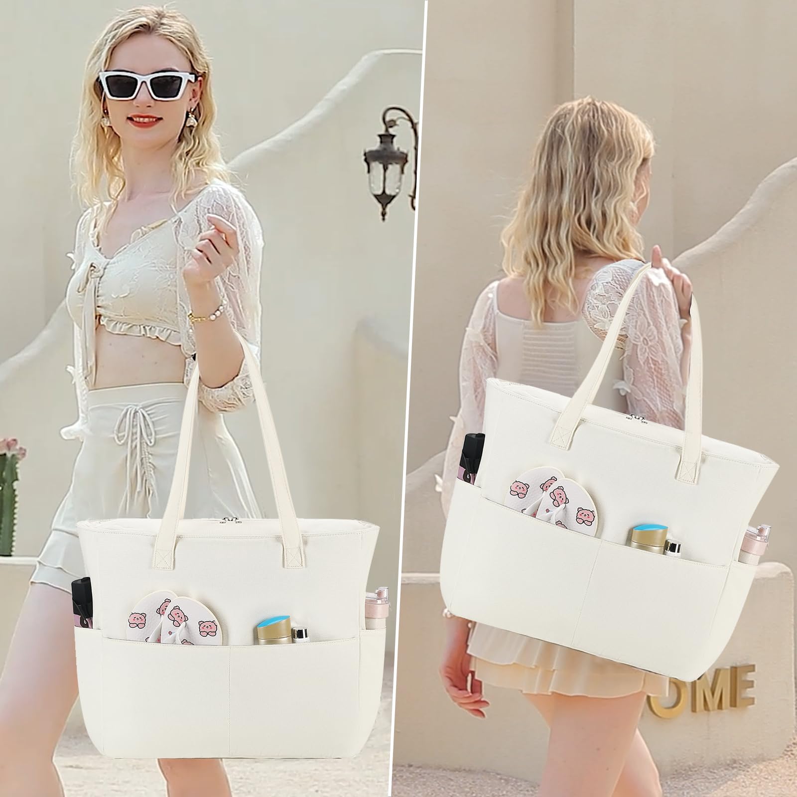 LEDAOU Large Waterproof Beach Tote Bag for Women - Sandproof Zippered Pool & Gym Bag with Wet Pocket - Perfect for Beach, Travel, Shopping & Groceries