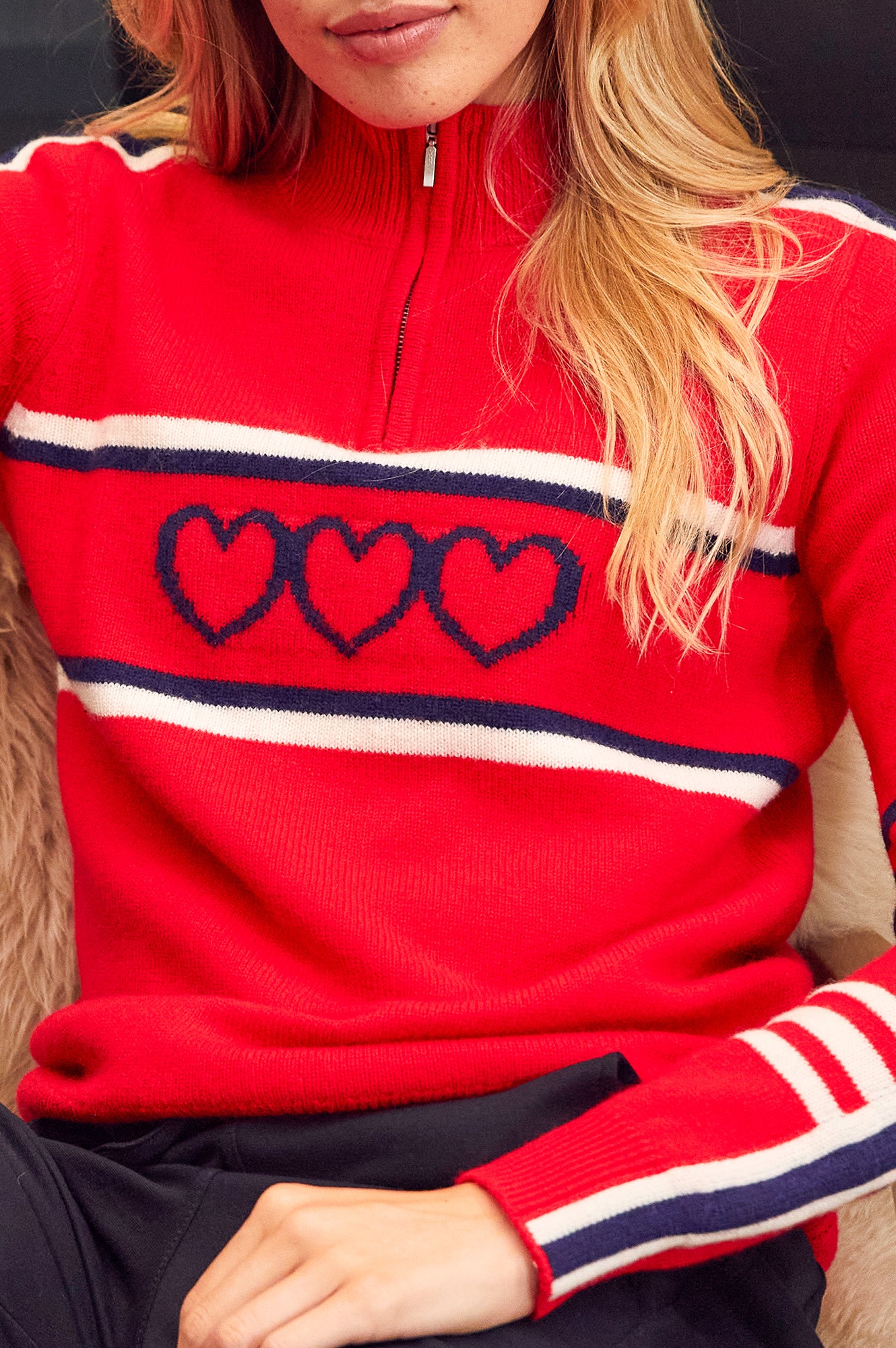 Premium Merino Wool Quarter Zip Sweater with Stripe Hearts Design - Red, Navy, Cream | Cozy Winter Wear for Outdoor Activities & Casual Fashion