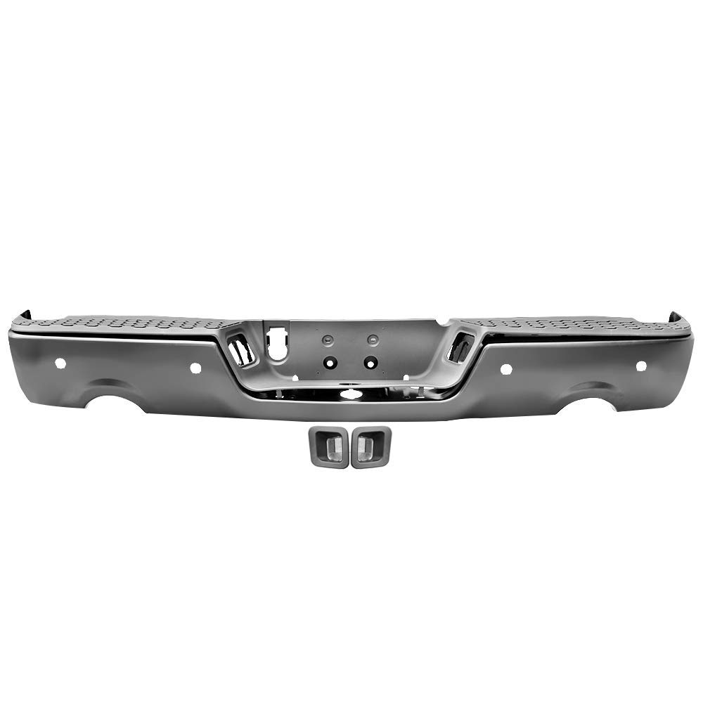 IKON MOTORSPORTS Rear Step Bumper for 2009-2018 Dodge RAM 1500 | Unpainted Black Steel Bumper with Step Pads & Dual Exhaust Cutouts | Sensor Holes Included | Heavy Duty Truck Accessory for Off-Road & Towing