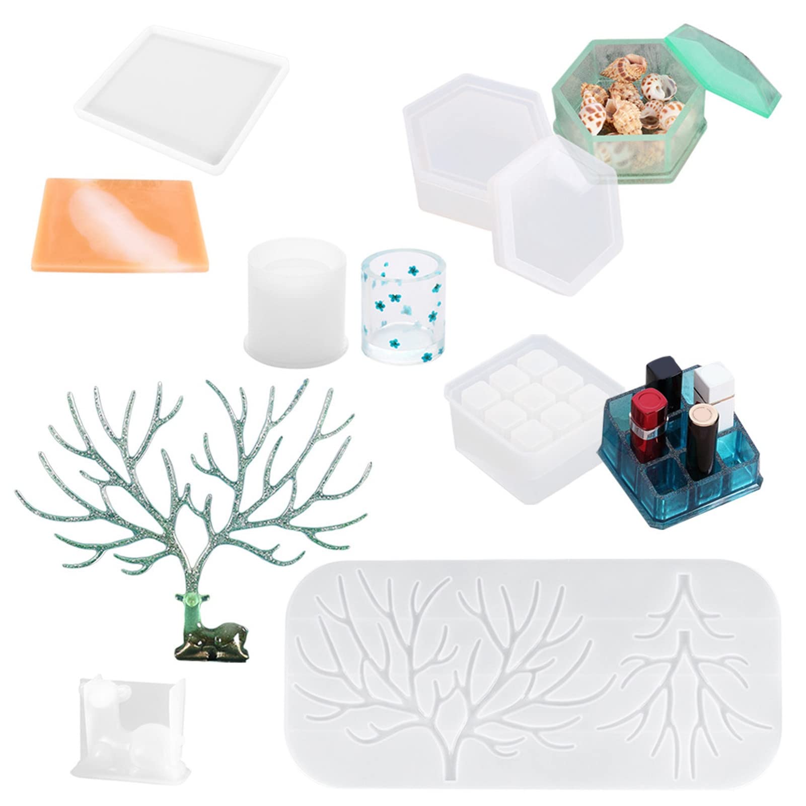 7-Piece Epoxy Resin Molds Set for Deer-Shaped Jewelry Display, Makeup Tray, Hanging Jewelry Tree, Lipstick Organizer & Pen Holder - Perfect for DIY Crafts, Home Decor, and Gift Making