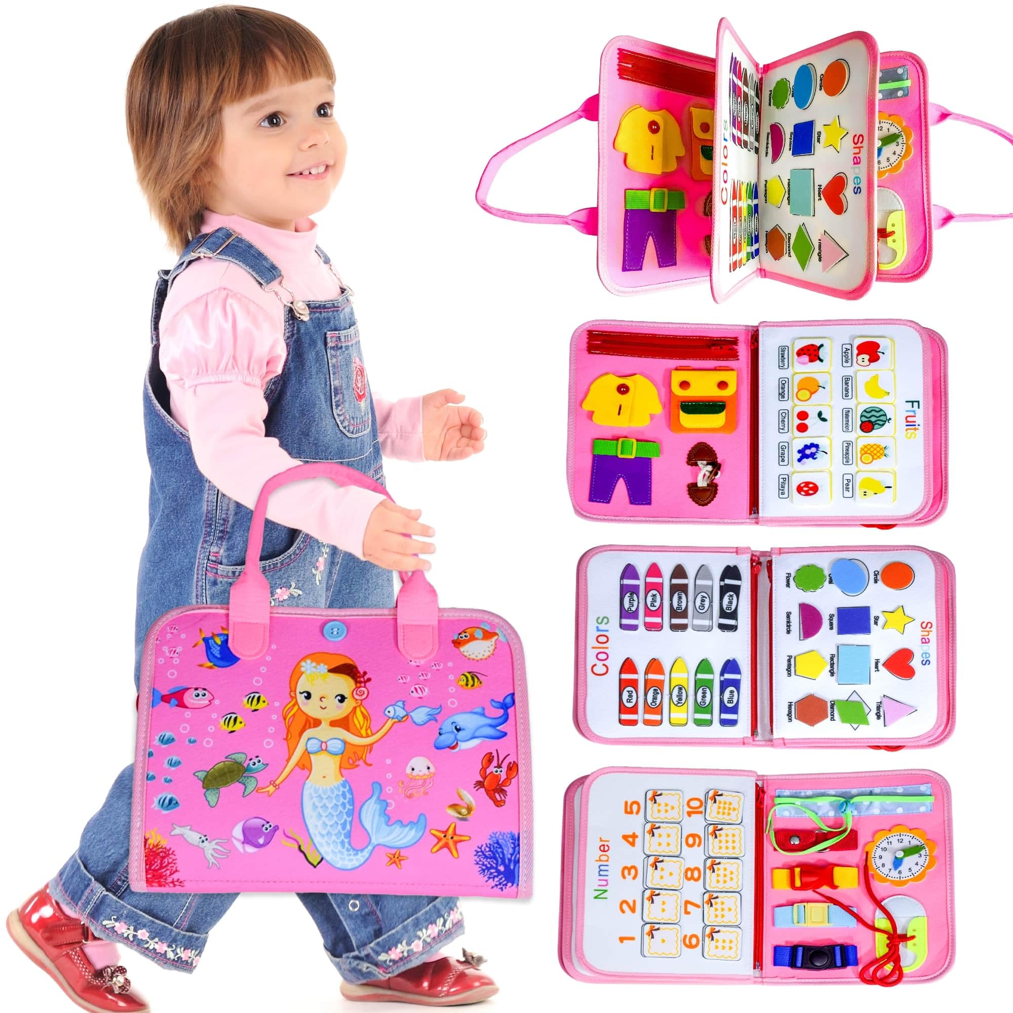 Montessori Busy Board for Toddlers 1-5 - Sensory Travel Toy & Learning Activity for Fine Motor Skills - Perfect Birthday Gift for Girls & Preschoolers