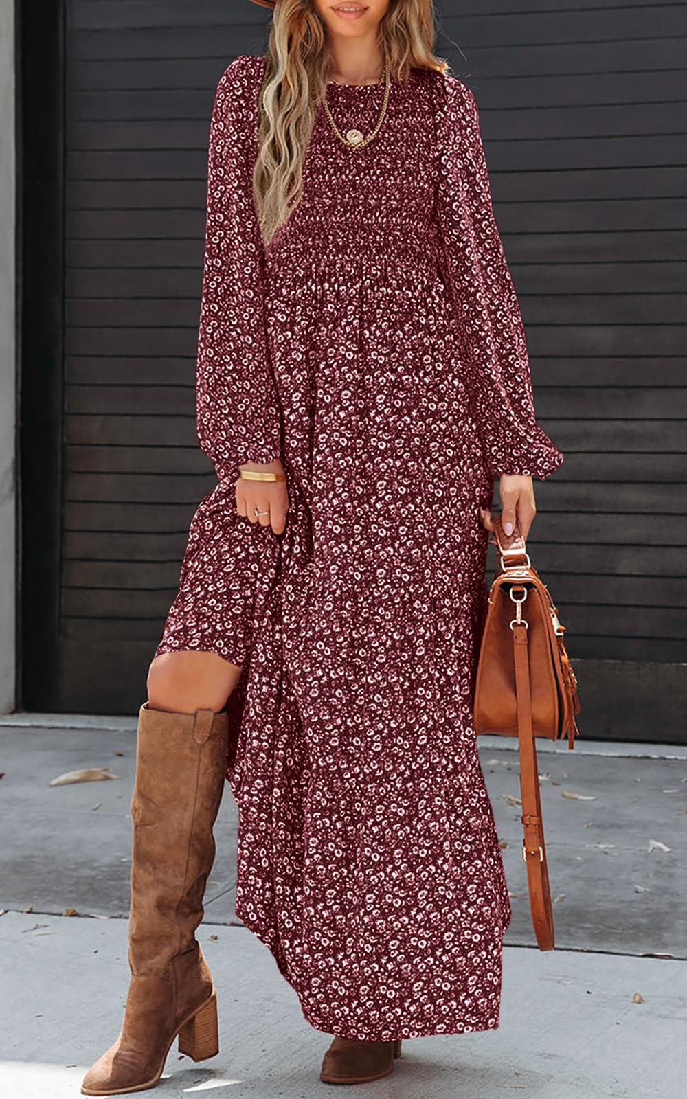 PRETTYGARDEN Women's Floral Maxi Dress 2025 - Long Sleeve Smocked Tiered Summer Dress with Crew Neck | Flowy Casual Spring Dress for Beach, Vacation & Outdoor Activities