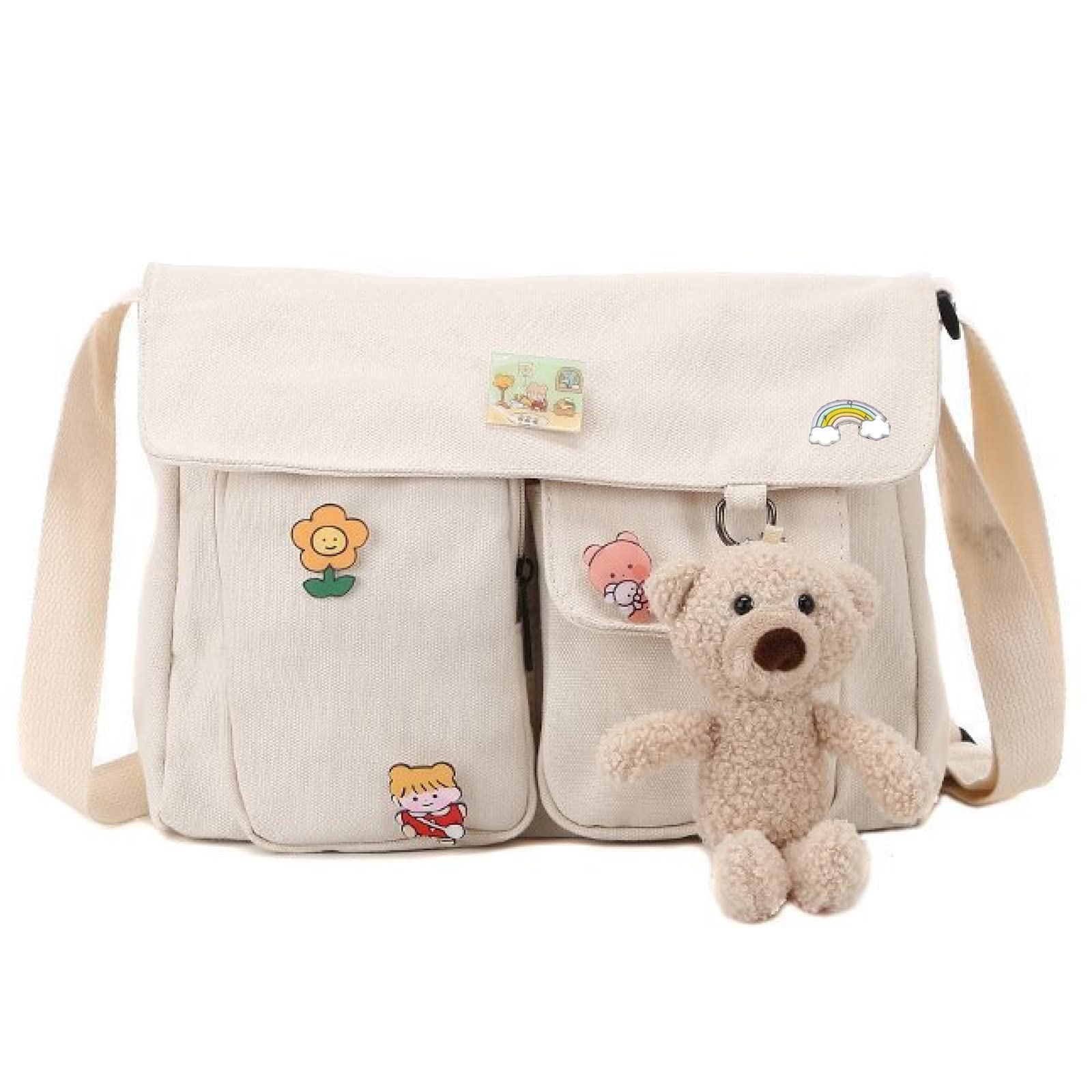 **Stylish Canvas Crossbody Bag for Women & Girls - Kawaii Pins & Cute Pendant Messenger Shoulder Bag - Perfect for School, Travel & Everyday Use**
