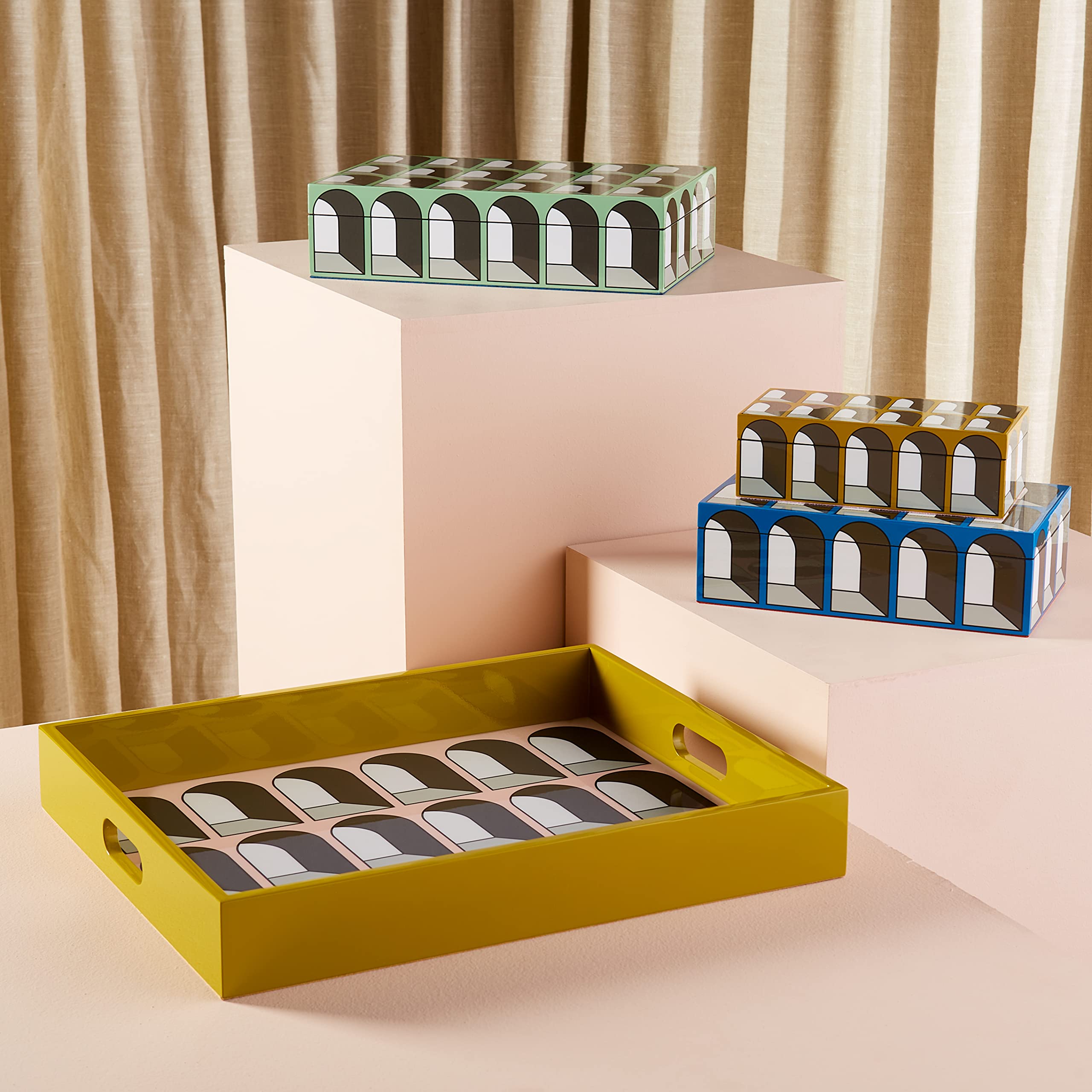 Jonathan Adler Medium Arcade Lacquer Box - Blue Decorative Storage Box for Jewelry, Keys & Keepsakes | Home Office & Vanity Organizer