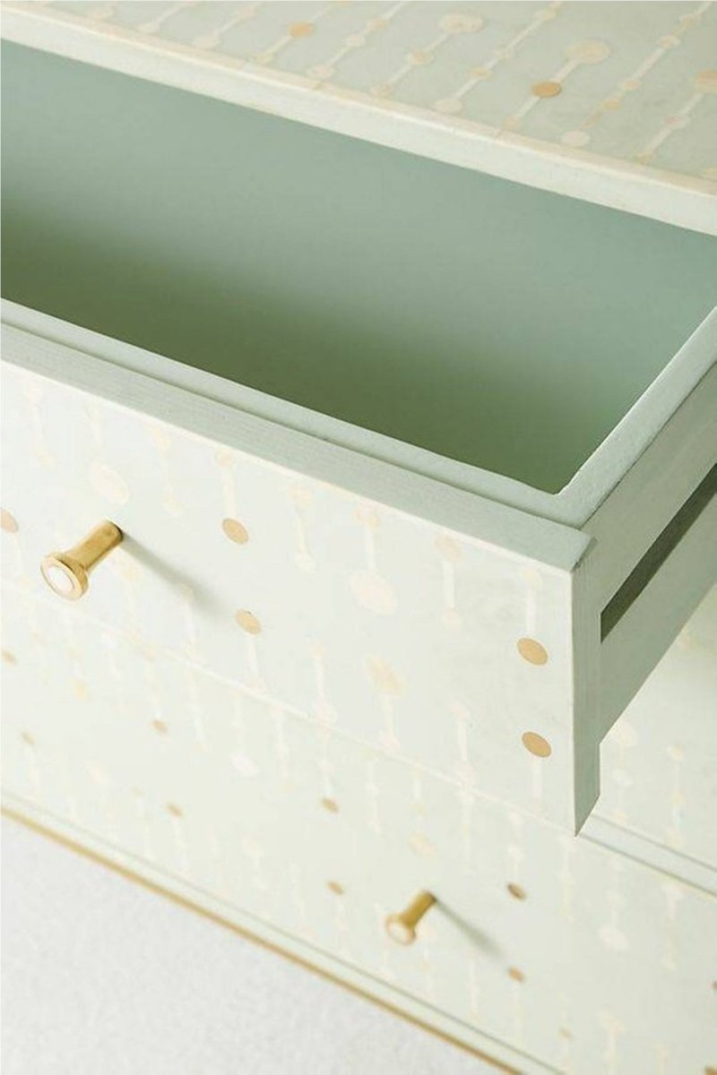 Handmade Bone Inlay Dresser with 3 Drawers - Light Green Sprout Design | Custom Wooden Storage Cabinet for Bedroom, Living Room & Office Organization