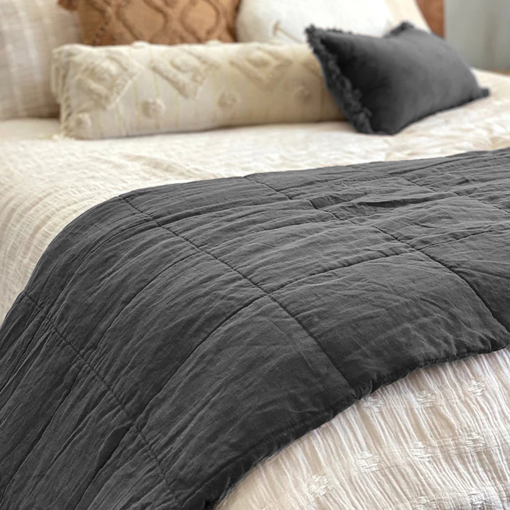 Premium French Flax Linen Quilted Coverlet - Charcoal Gray Bedspread by Bambury | Breathable & Lightweight Summer Bedding for Master Bedroom & Guest Room