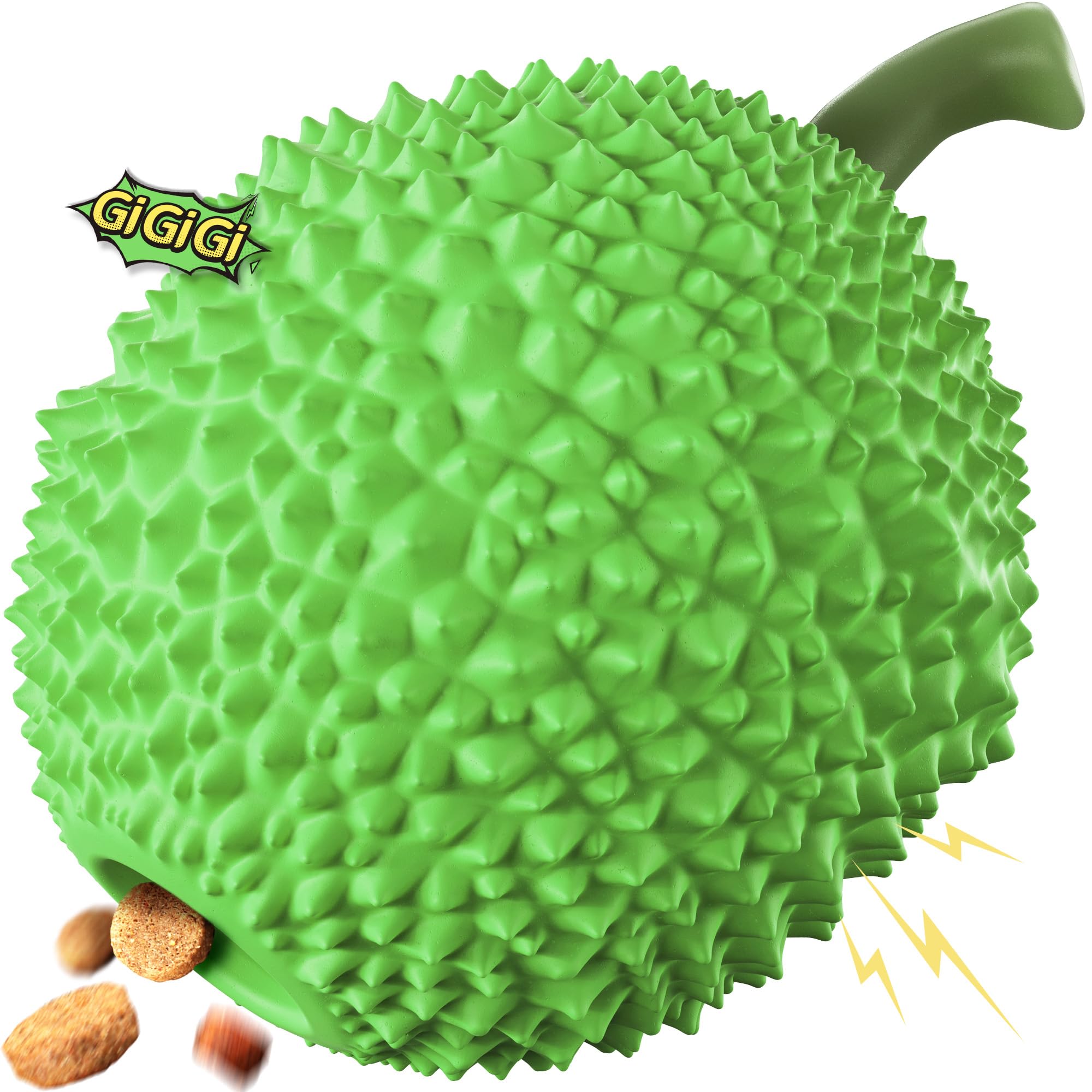 Indestructible Squeaky Dog Chew Toys for Large Breeds - Natural Rubber Treat Dispensing Puzzle Ball for Aggressive Chewers (DurianBall-Green) - Perfect for Interactive Play, Training Rewards & Mental Stimulation