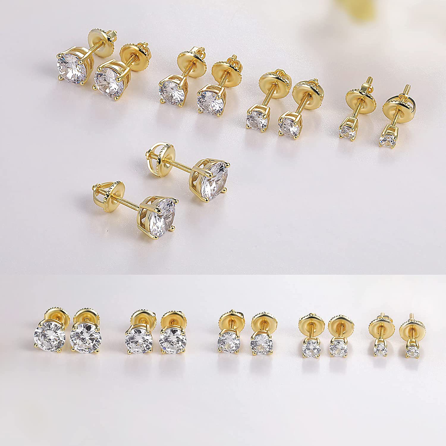 18K White Gold Plated Round Cubic Zirconia Stud Earrings - 4 Prong Screw Back Design (Pack of 5) | Perfect for Everyday Wear, Parties & Special Occasions
