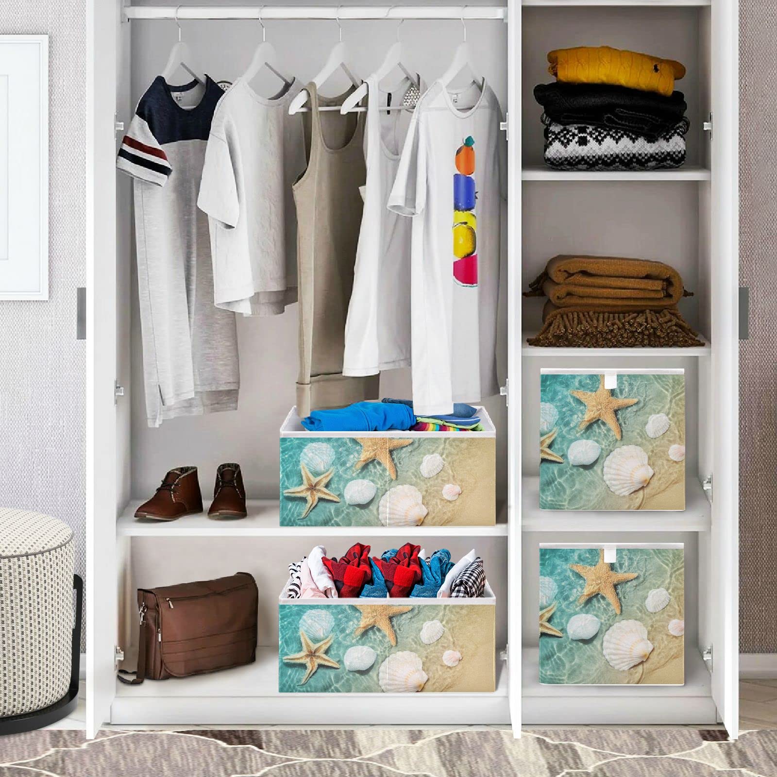 Foldable Storage Basket - 11x11x11 Inch Cube Bin for Shelves, Closet & Laundry | Summer Beach Decor with Seashell & Starfish Design | Perfect for Nursery, Bedroom & Home Organization