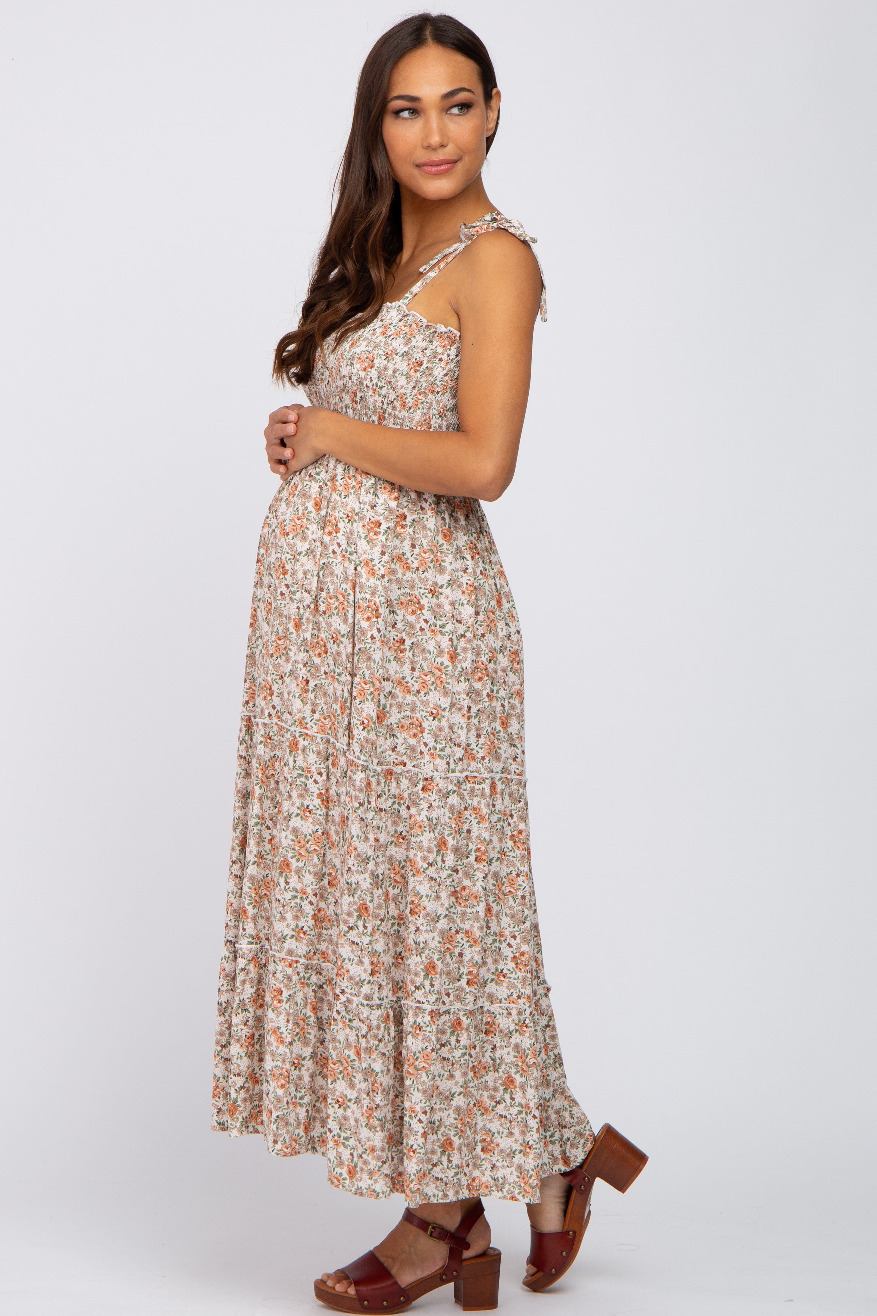 Beige Floral Sleeveless Tiered Maternity Maxi Dress for Pregnancy - Comfortable Summer Maternity Dress for Baby Shower, Beach Vacation & Photoshoots