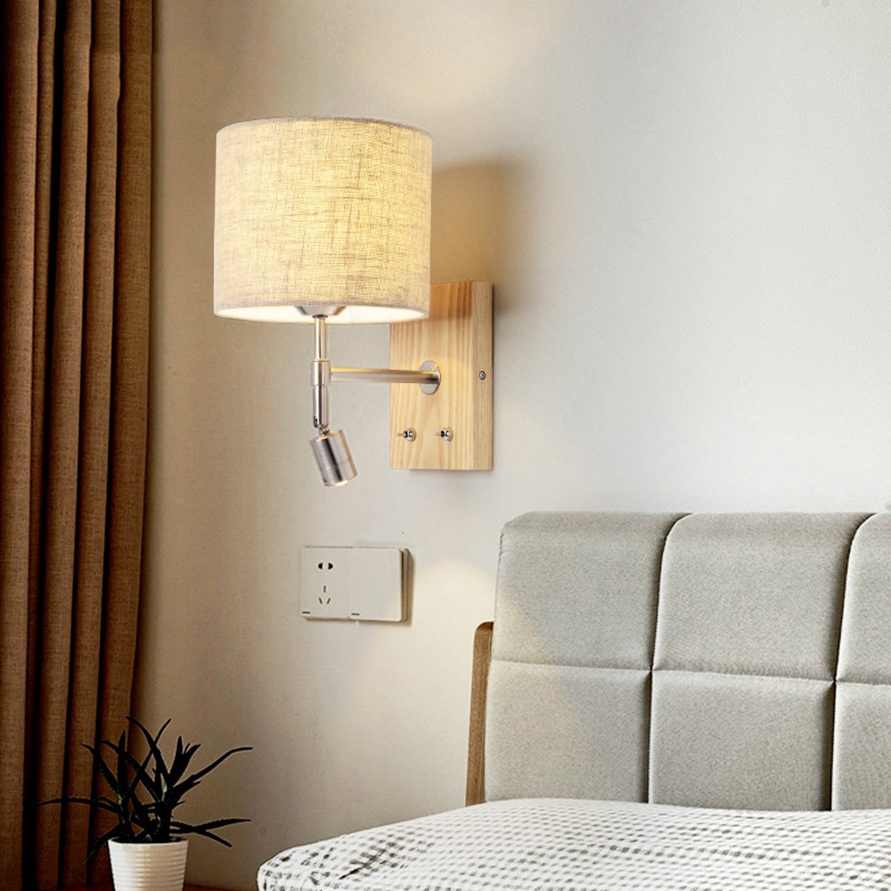 Modern 2-Light Solid Wood Wall Sconce with LED Reading Light - Bedside Wall Lamp for Bedroom, Living Room & Hallway - Independent Switch Control - Perfect for Cozy Reading Nooks & Ambient Lighting