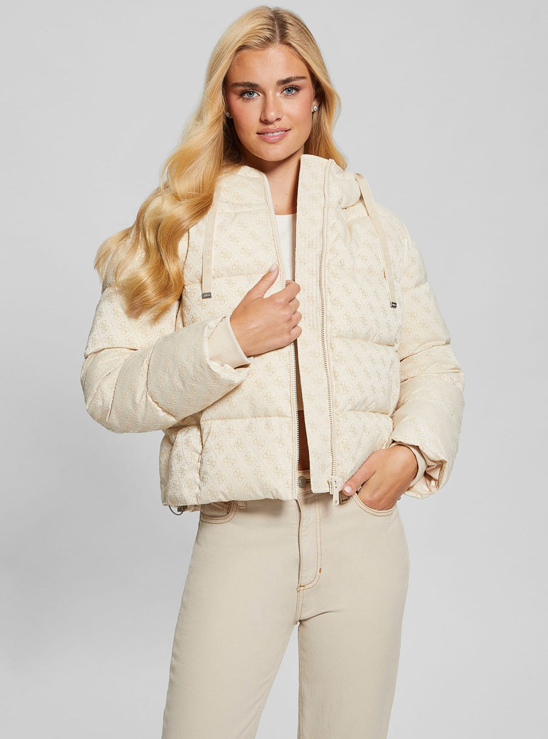 Beige Logo Daisy Puffer Jacket for Women - Lightweight Winter Coat with Floral Design - Perfect for Outdoor Activities & Casual Wear