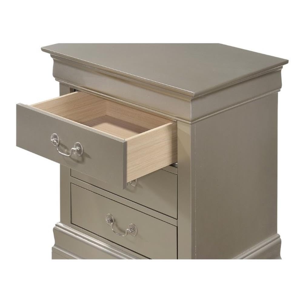 Glory Furniture Louis Phillipe 3-Drawer Nightstand in Silver Champagne - Elegant Bedside Table for Bedroom Decor & Storage