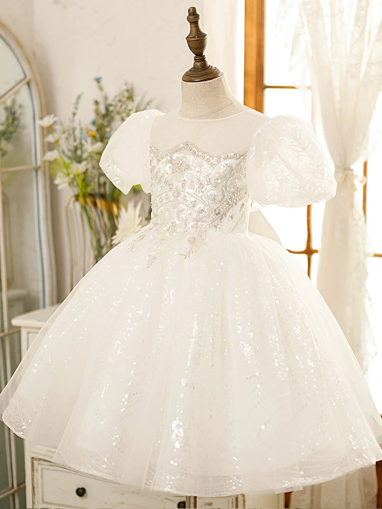 White Princess Round Tea Length Tulle Flower Girl Dress - Perfect for Weddings, Birthday Parties & Special Occasions