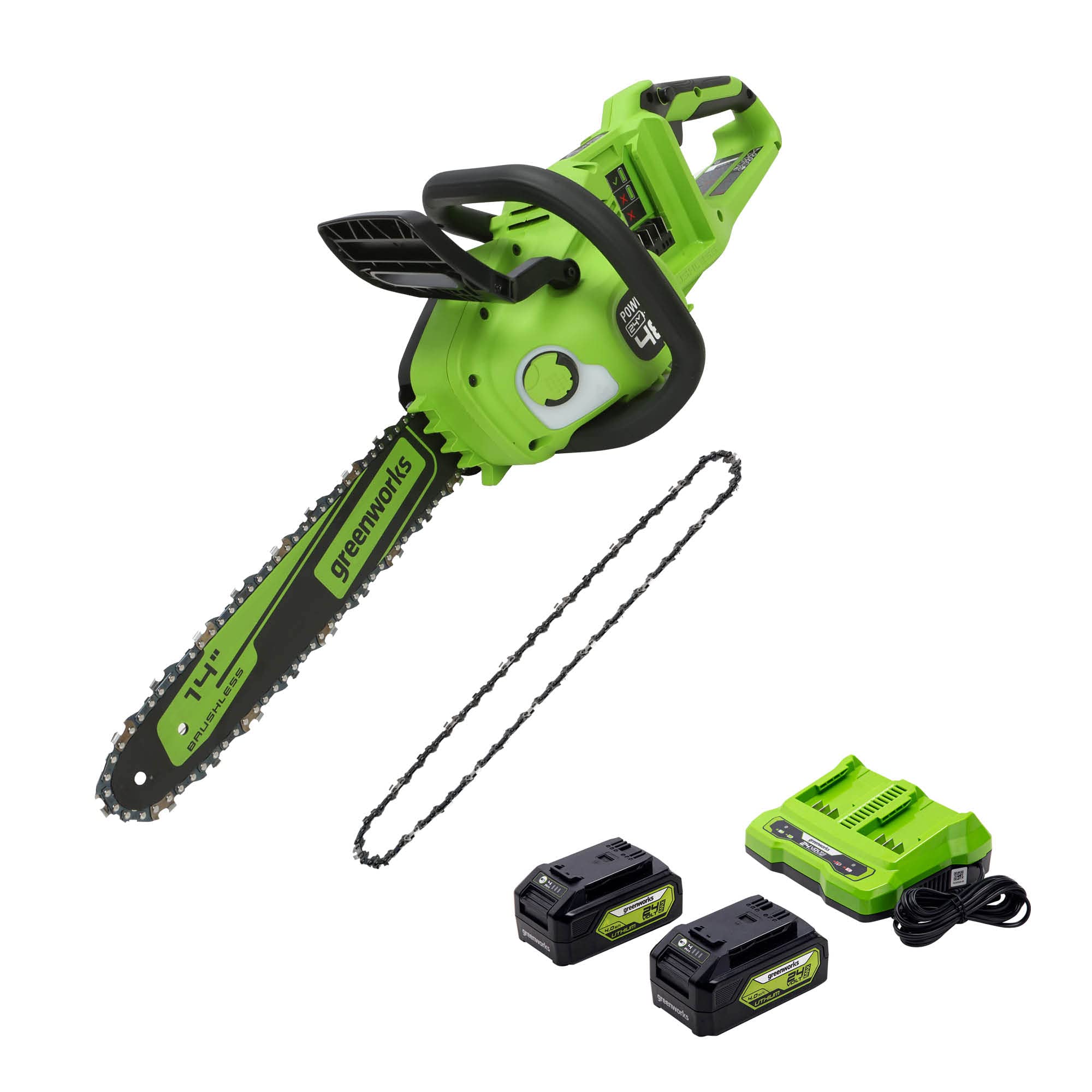 Greenworks 48V 14-Inch Brushless Cordless Chainsaw with Battery & Charger - Lightweight Electric Chainsaw for Tree Trimming, Wood Cutting, and Yard Maintenance (Model 2906802)