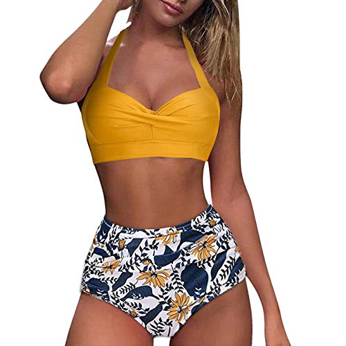 **Women's Vintage Retro Two-Piece Bikini Set - Halter Swimsuit with High Waist Shorts & Floral Print - Perfect for Beach, Pool, and Summer Vacations**
