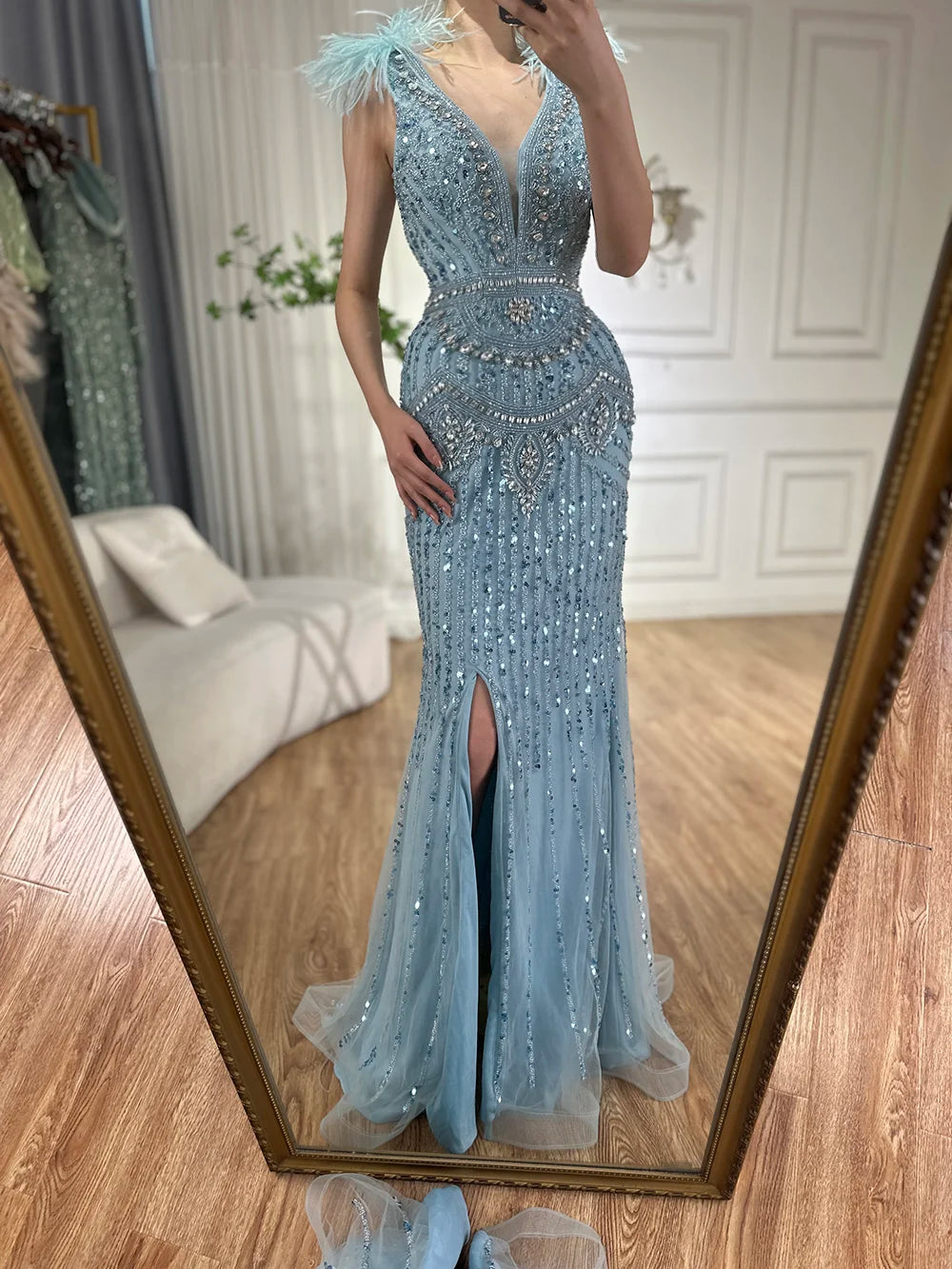 Elegant Dubai Arabic Blue Beaded Feather Mermaid Evening Gown for Women - Formal Occasion Long Dress LA72742 | Perfect for Weddings, Galas, and Red Carpet Events