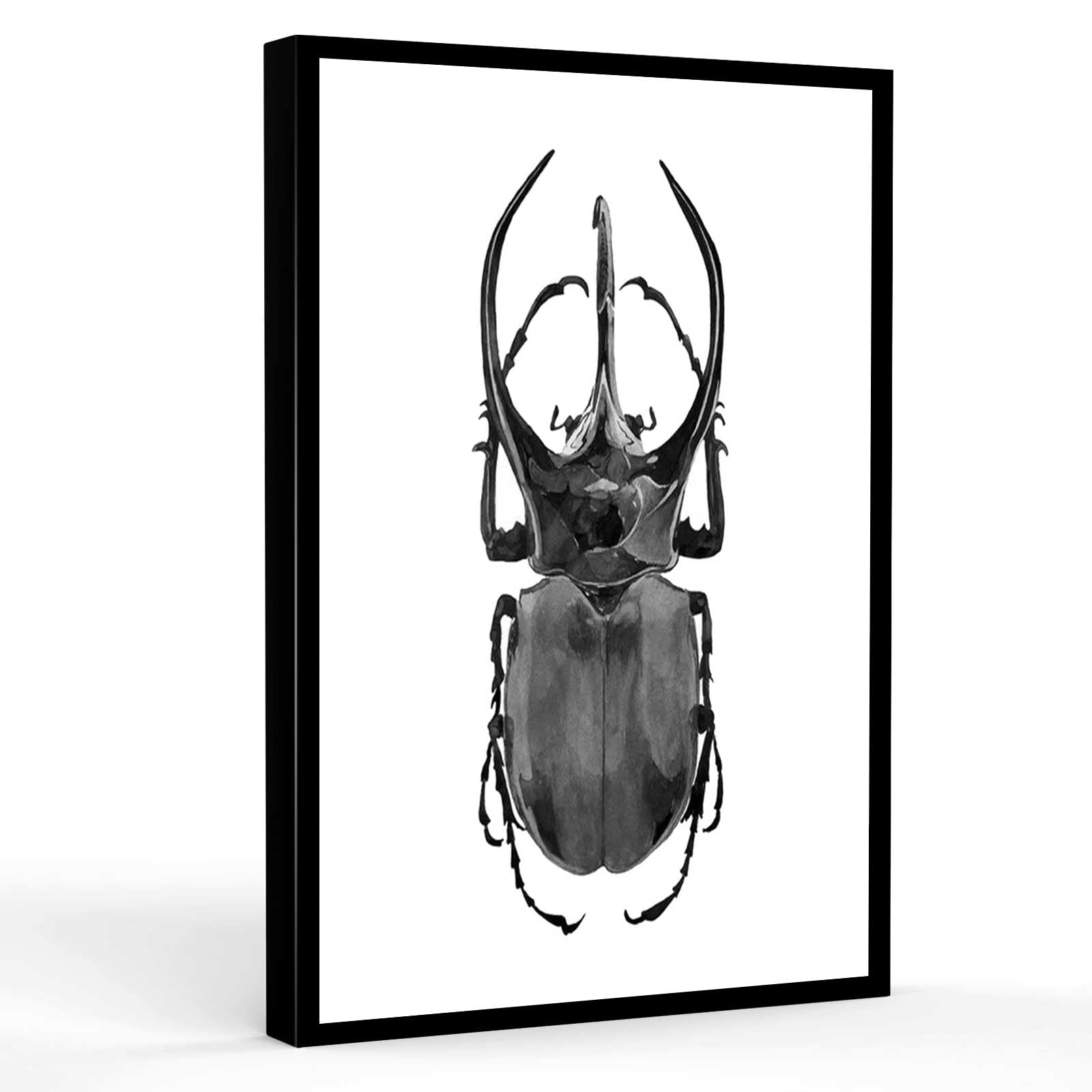 Modern Black Stag Beetle Wall Art - 16''x24'' Framed Canvas Print, Wild Insect Illustration Poster for Bathroom & Home Decor | Graffiti Style Printable Bug Artwork | Perfect for Living Room, Bedroom & Office