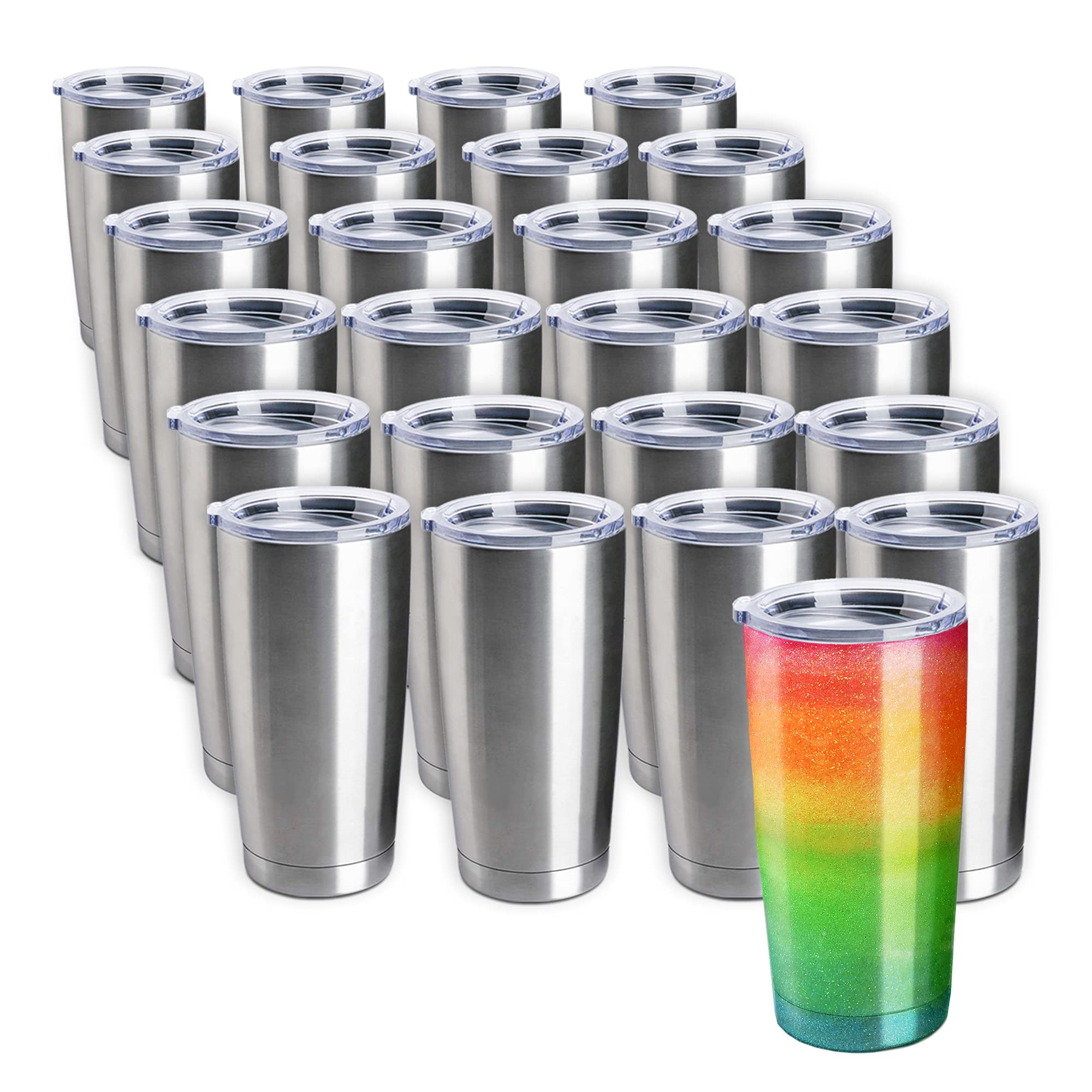 Pixiss 25-Pack Double Wall Insulated Stainless Steel Tumbler Cups 20oz - Hot & Cold Reusable Drinkware with Lids - Perfect for DIY Tumbler Painting, Glitter, Vinyl Crafts, Parties, Coffee Shops, and Office Use