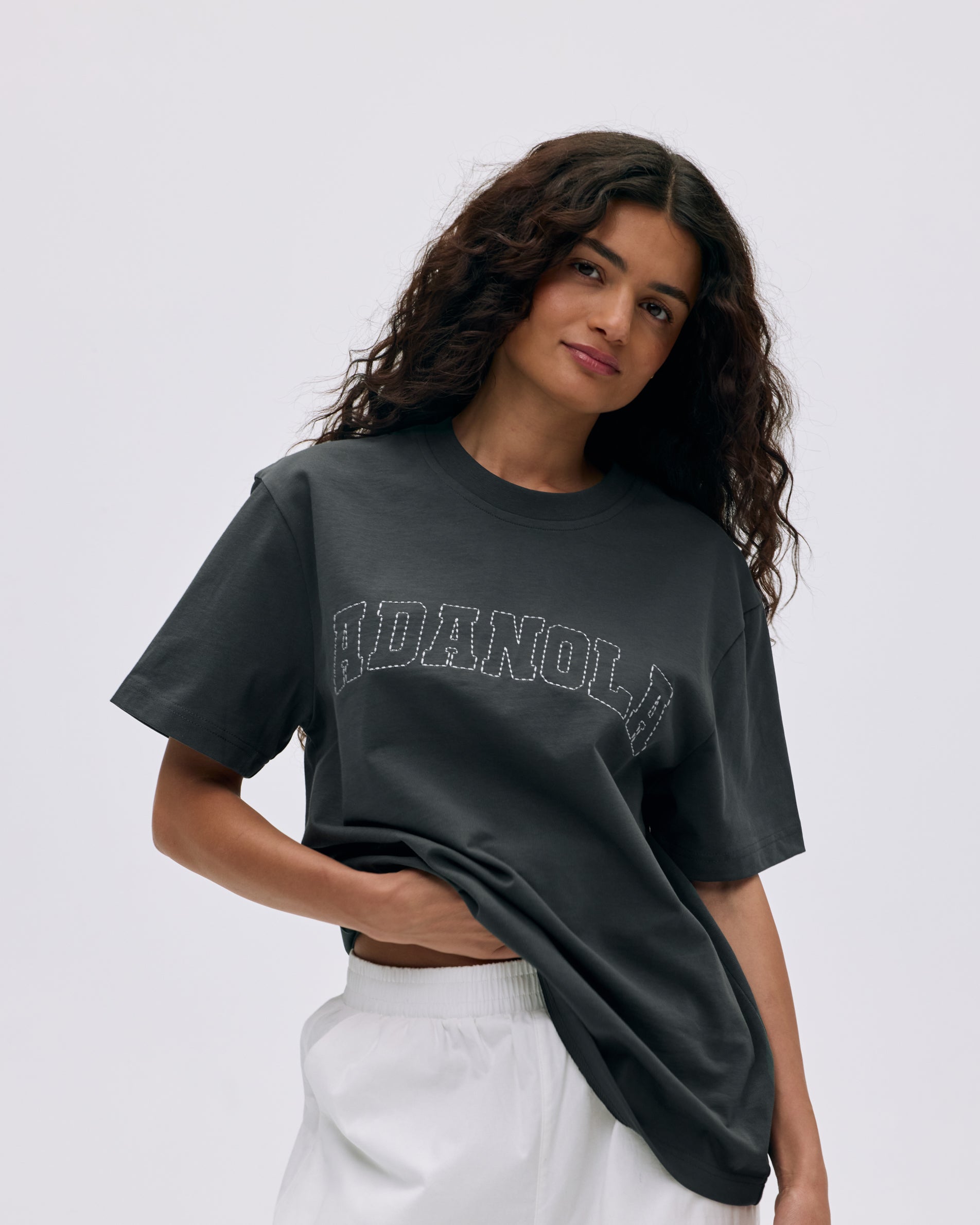 Varsity Stitch Short Sleeve Oversized T-Shirt for Women & Men | Graphite Grey & Marshmallow White | Casual Streetwear, Loungewear & Everyday Outfit