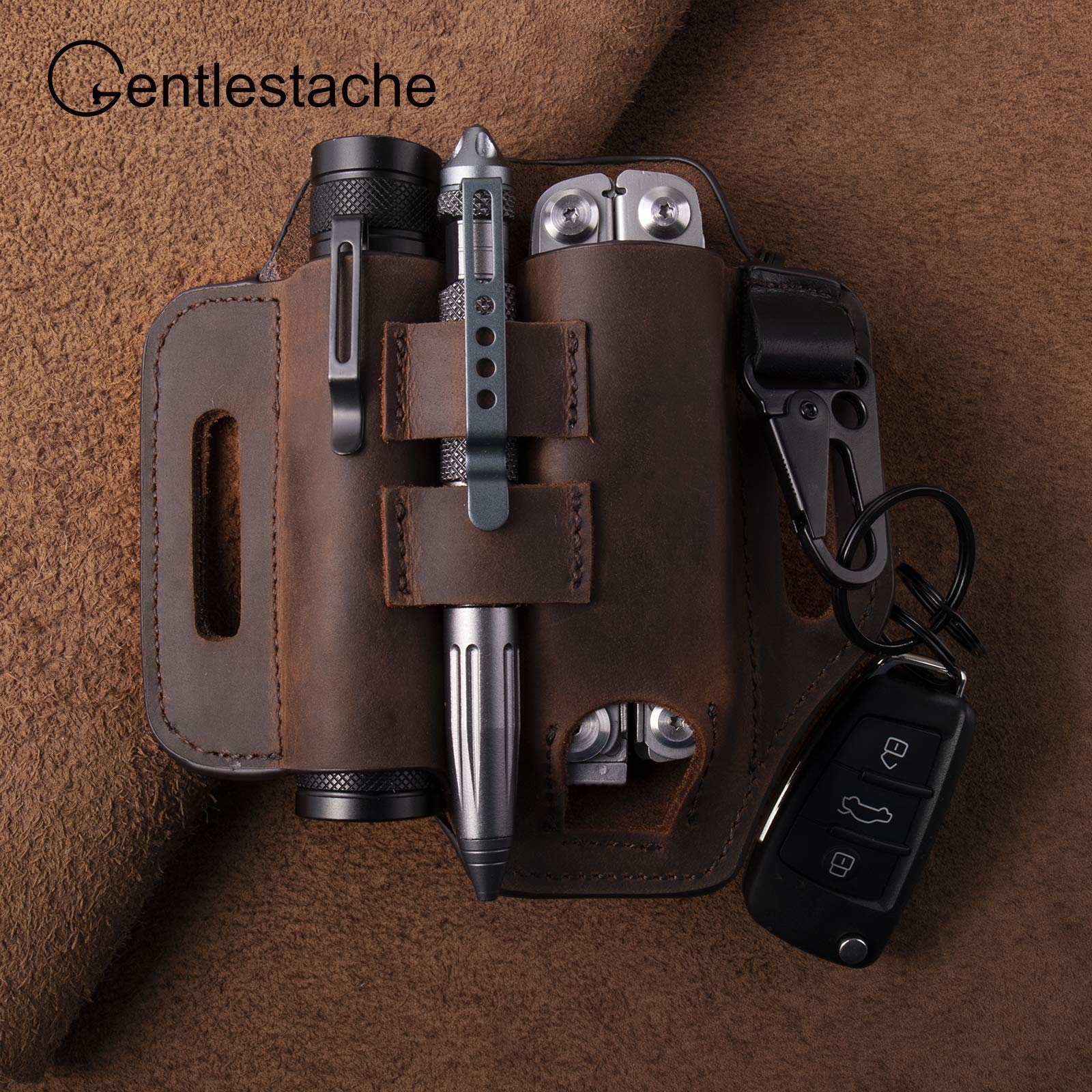 Gentlestache Multitool Belt Sheath - Premium EDC Leather Belt Organizer with Multitool Pouch, Flashlight & Pen Holders + Keychain Clip - Practical Everyday Carry Accessory for Men | Perfect for Outdoor Adventures, Work & Daily Use