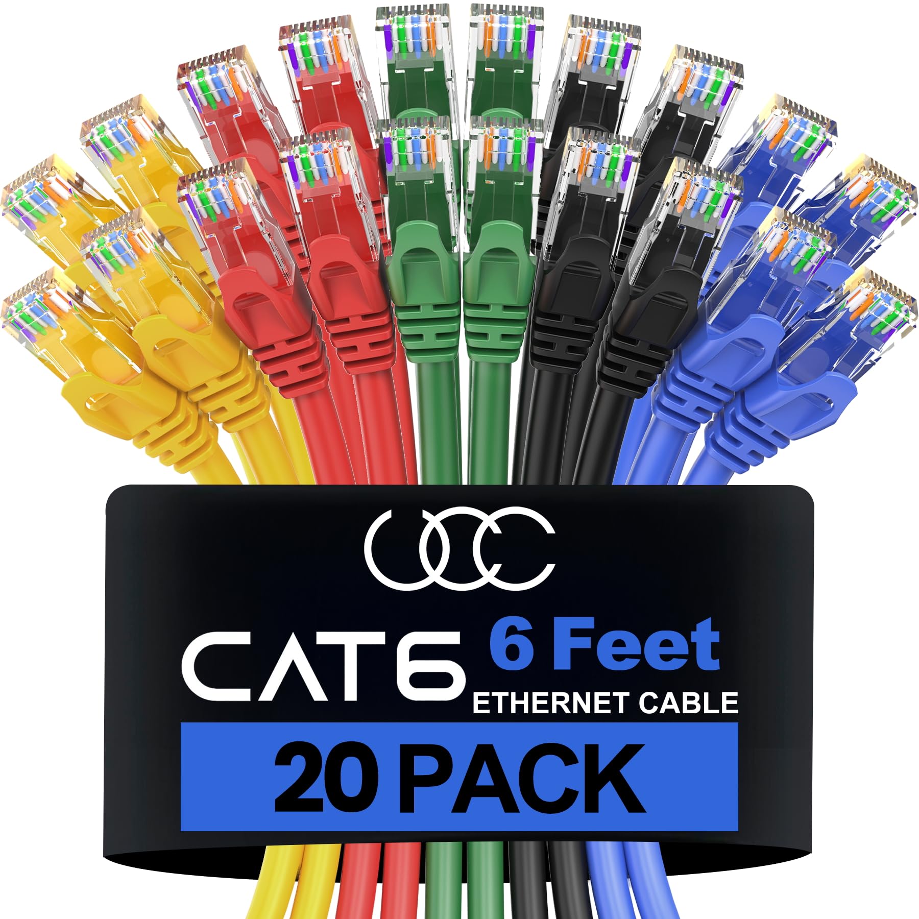 Cat6 Ethernet Cable 6 Feet - 20 Pack, High-Speed UTP LAN Network Patch Cable, RJ45 Connector for Internet, Gaming, Streaming & Home Office Setup