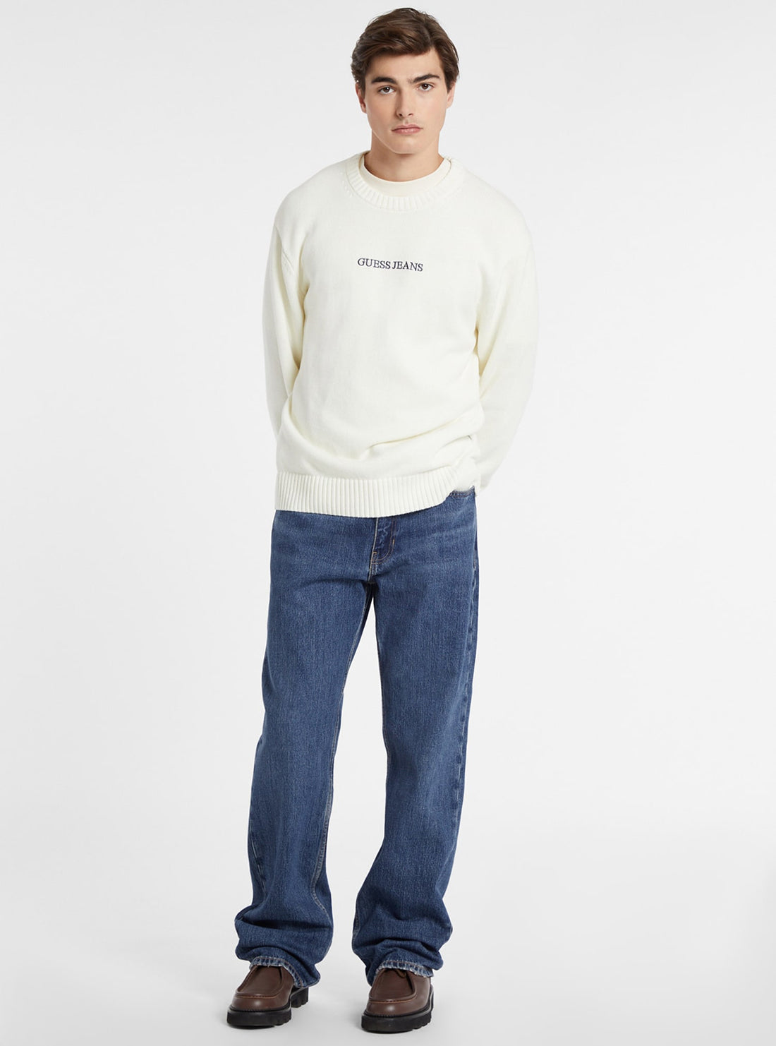 Guess Women's White Embroidered Knit Sweater - Casual Pullover for Spring & Fall Outfits | Perfect for Date Nights and Weekend Brunch