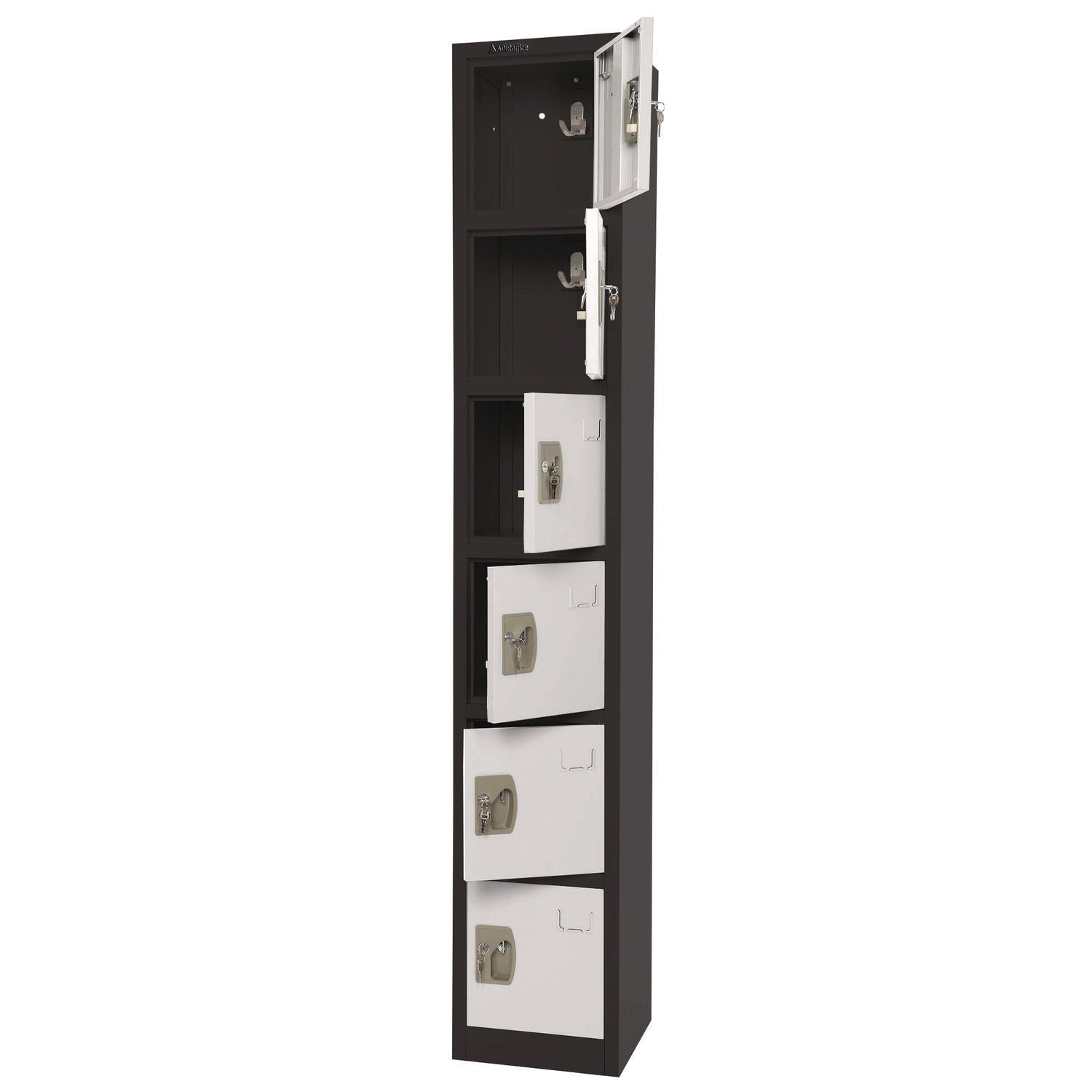 AdirOffice 6-Compartment Steel Storage Locker - 12x12x72 Inches, Black with White Doors - Perfect for Schools, Gyms & Office Organization
