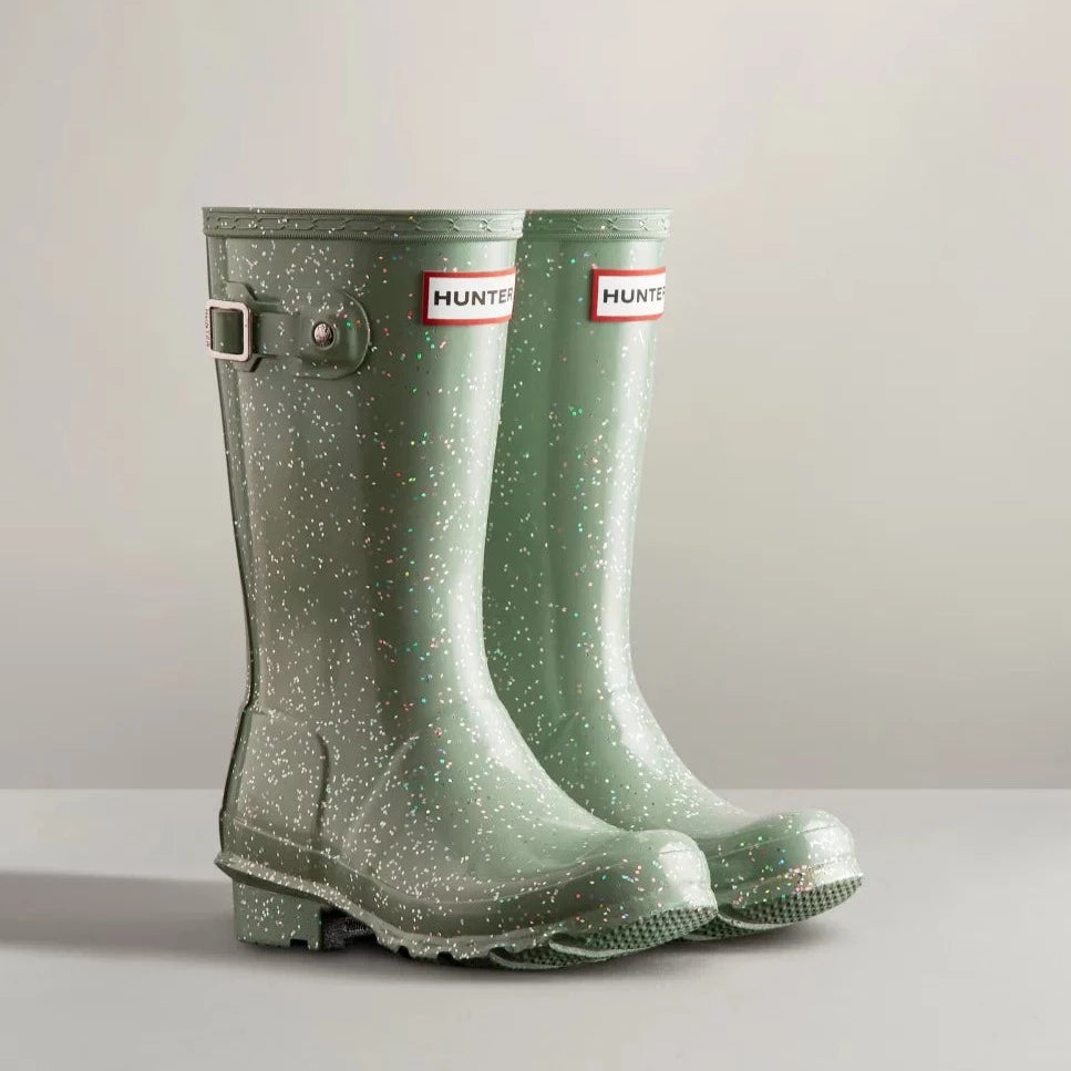 Hunter Sweet Gale Green Giant Glitter Rain Boots - Waterproof Women's Chelsea Rain Boots for Outdoor, Gardening & Festivals - Fashionable Shiny Rain Boots for Women