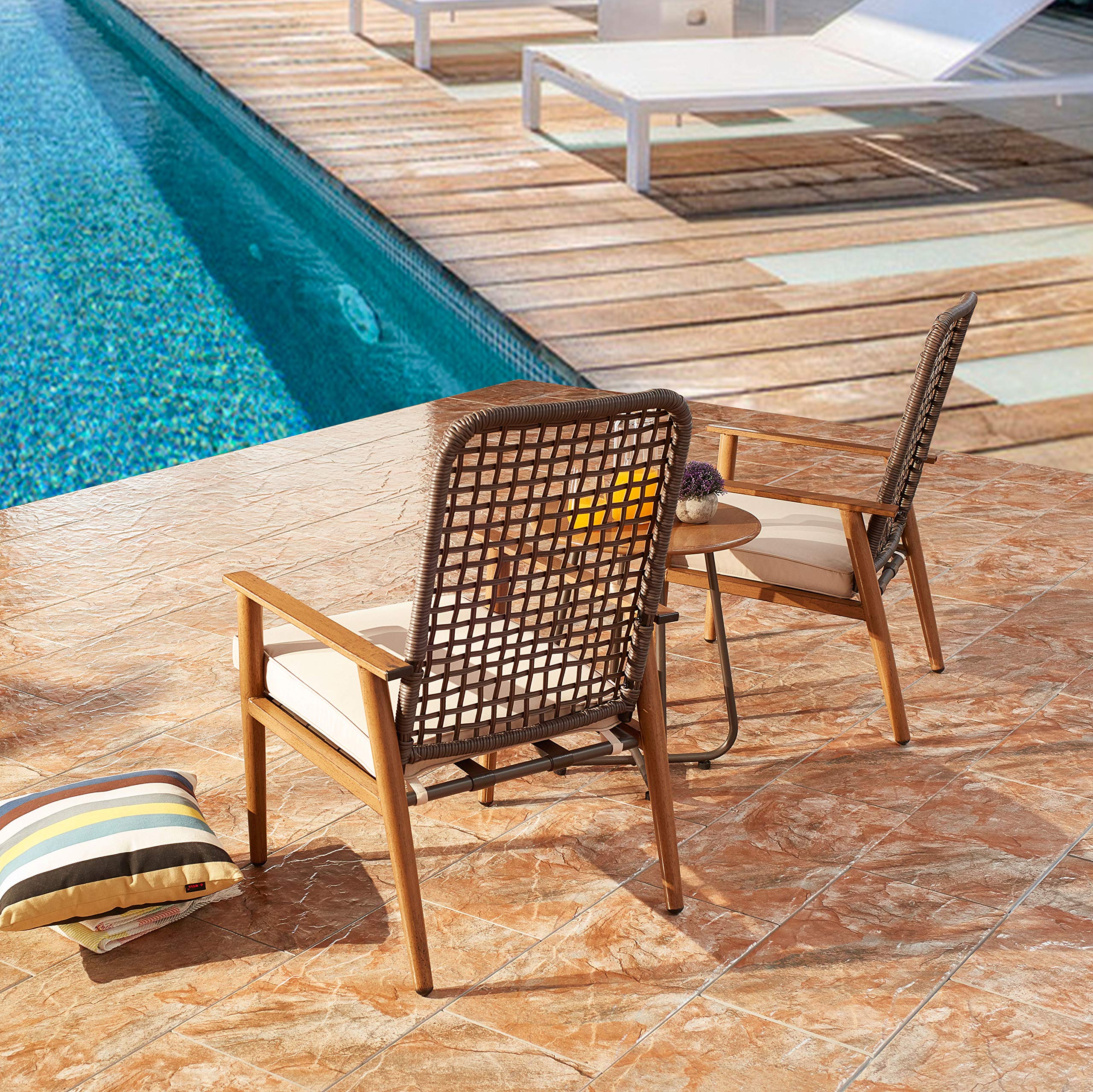LOKATSE HOME Outdoor Patio 3-Piece Conversation Set - Modern Wicker Furniture with 2 Cushioned Chairs & Side Table in Khaki | Perfect for Garden, Backyard, Poolside & Balcony Relaxation