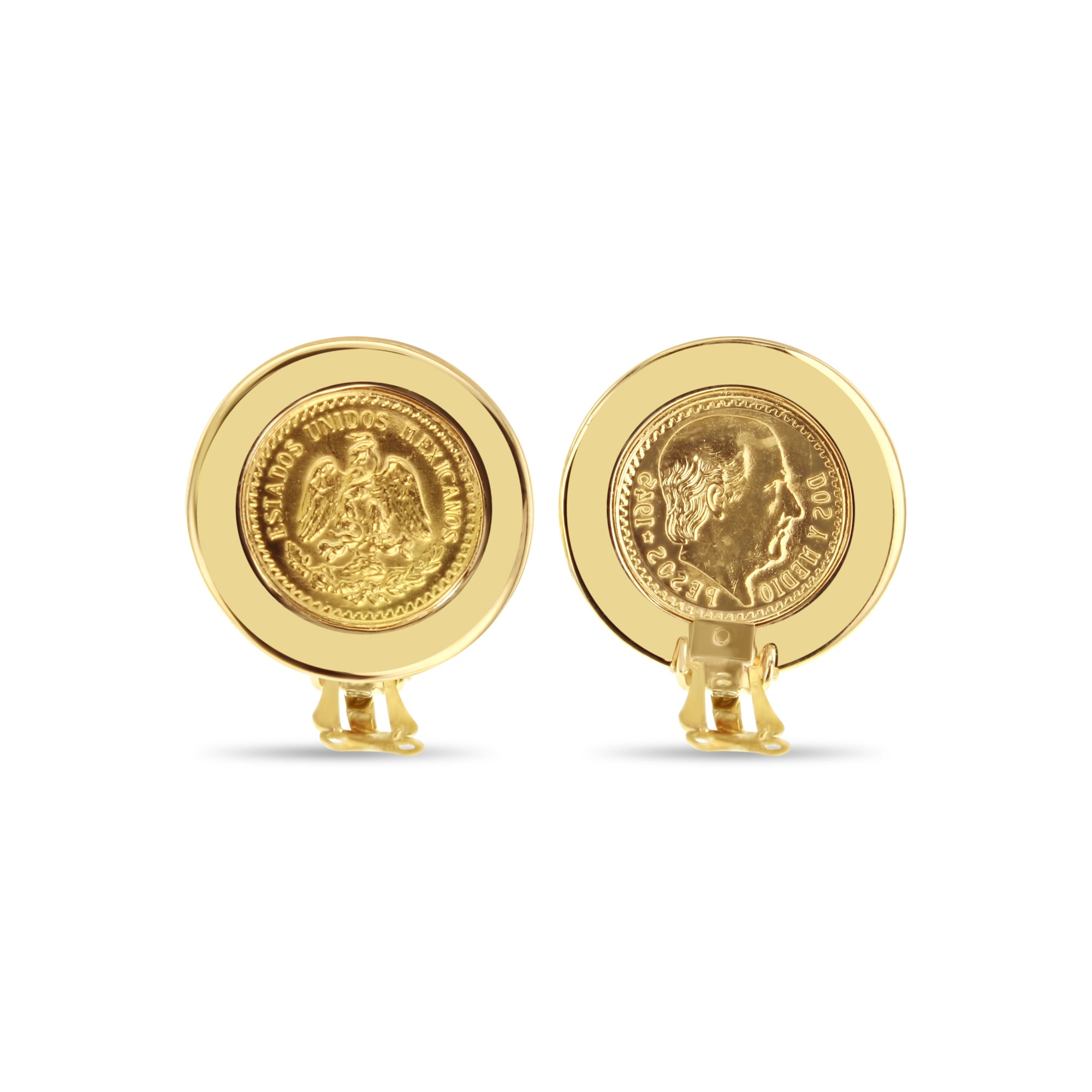 Vintage 1945 2.5 Coin Clip-On Earrings - 14K Yellow Gold with Polished Bezel Frame | Unique Collectible Jewelry for Special Occasions & Retro Fashion Lovers