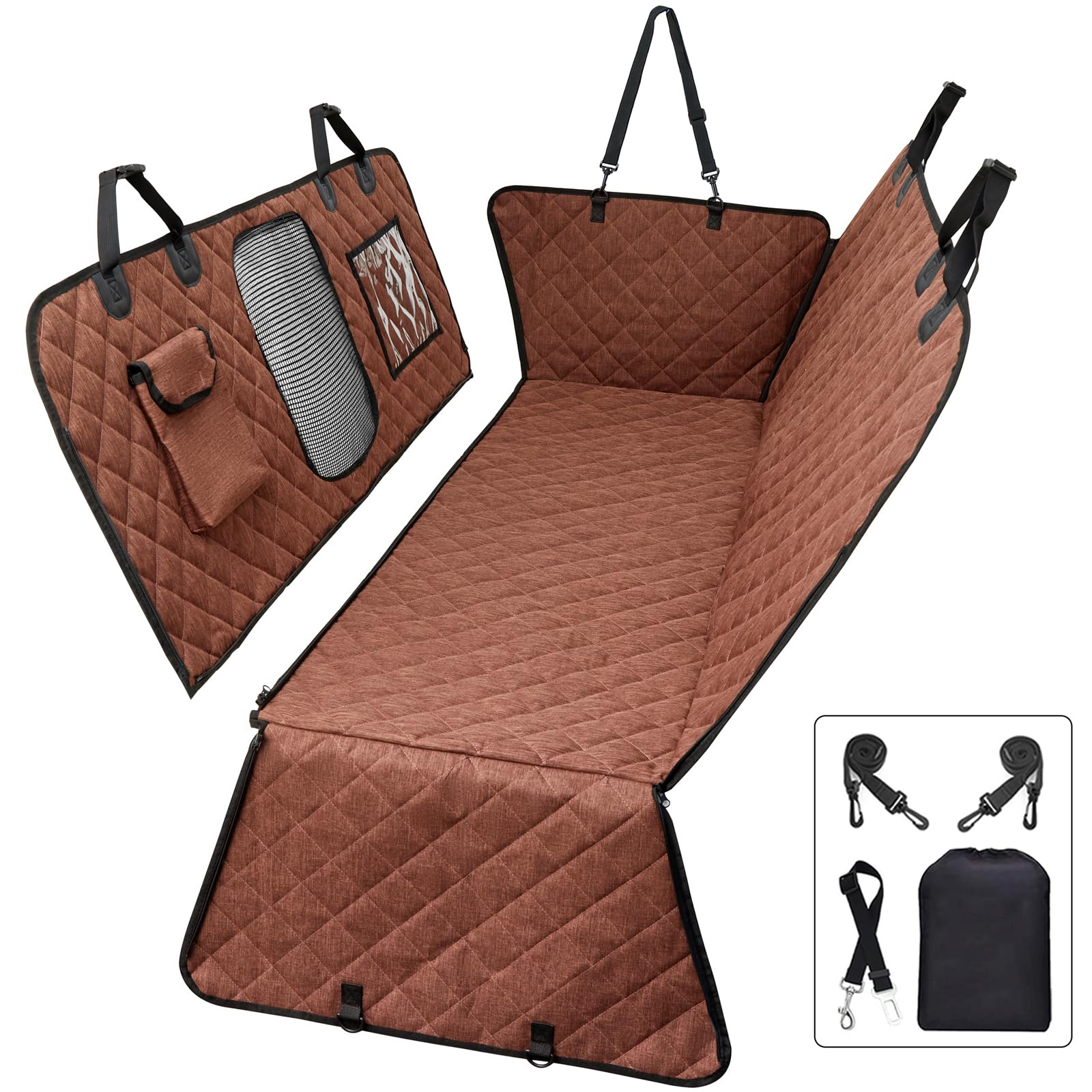 Waterproof Car Dog Hammock Back Seat Cover with Mesh Window, Nonslip Rubber Back, Washable Luxury Material, Big Storage Pocket for SUV/Sedan - Perfect for Travel & Daily Commute