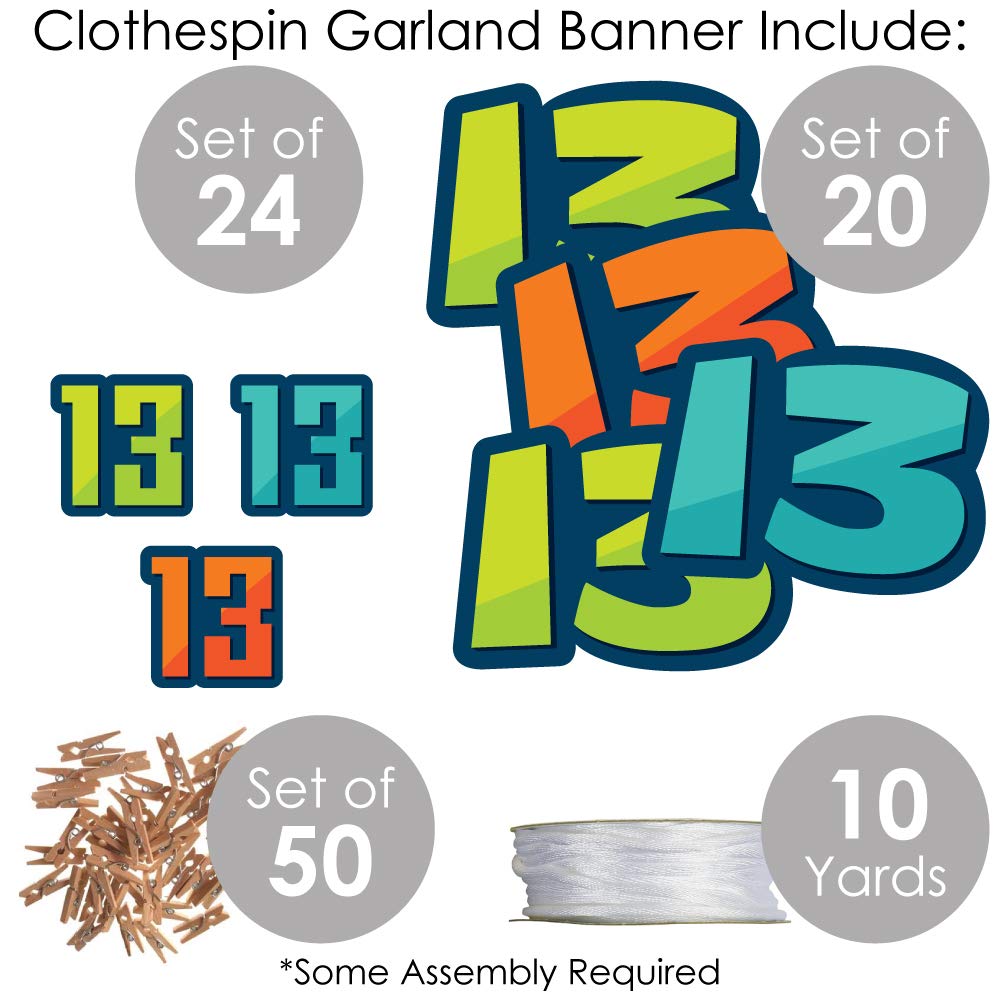 Big Dot of Happiness 13th Birthday Party Decorations - DIY Teen Boy Birthday Banner with 44-Piece Clothespin Garland - Perfect for Teenager Birthday Parties & Room Decor