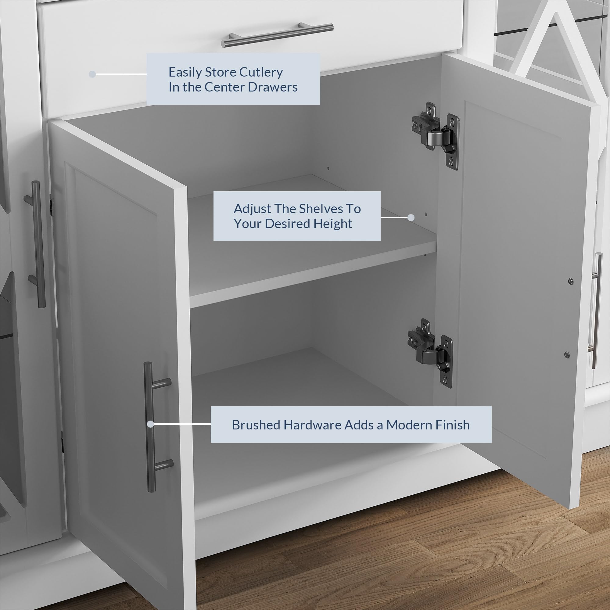 BELLEZE 47 Inch White Sideboard Buffet Cabinet - Storage Console Table, Coffee Bar, Kitchen Cupboard & Pantry Organizer with Glass Display Doors - Perfect for Living Room, Entryway & Dining Room Decor