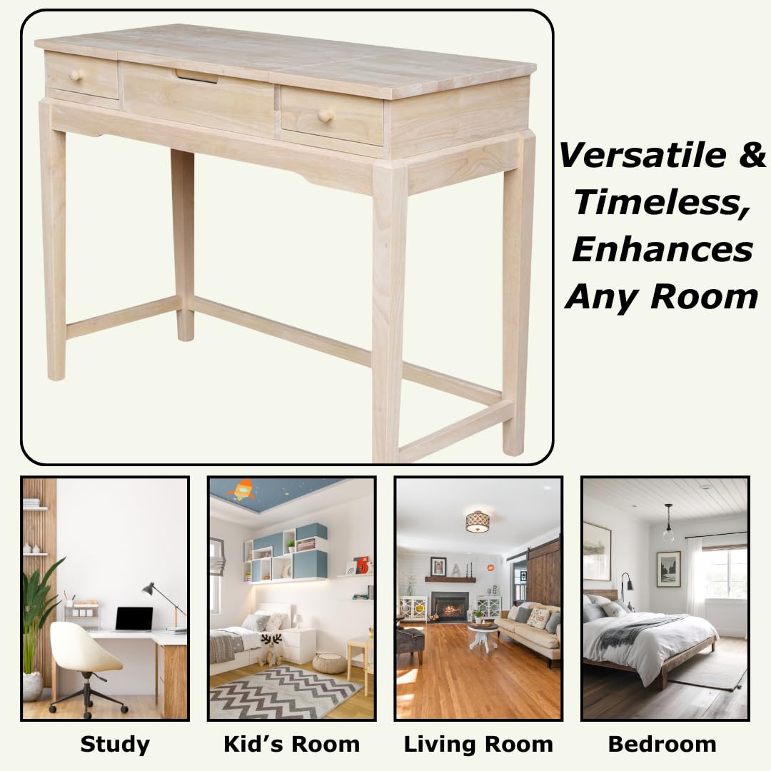 IC International Concepts Solid Real Wood Sturdy Parawood Vanity Table - Unfinished DIY Paint/Stain Ready Vanity Desk for Bedroom Makeup & Dressing Room
