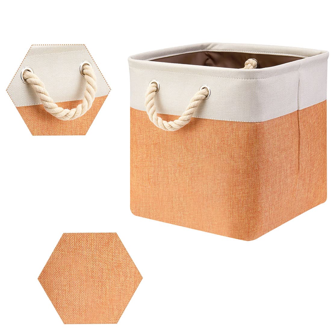 i BKGOO 3-Pack Large Foldable Storage Bins | Collapsible Fabric Organizer Baskets with Cotton Handles | 13×13×13 Inch Beige-Orange | Perfect for Home, Office, Shelf, Clothes & Toys Organization