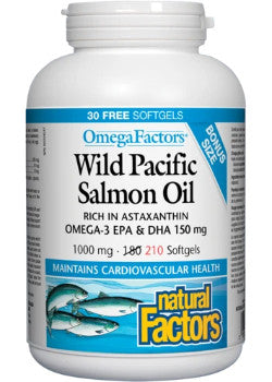 Natural Factors Omega-3 Wild Pacific Salmon Oil 1000mg - 210 Softgels (180+30 Free) - Supports Heart, Brain & Joint Health - Perfect for Adults & Active Lifestyles