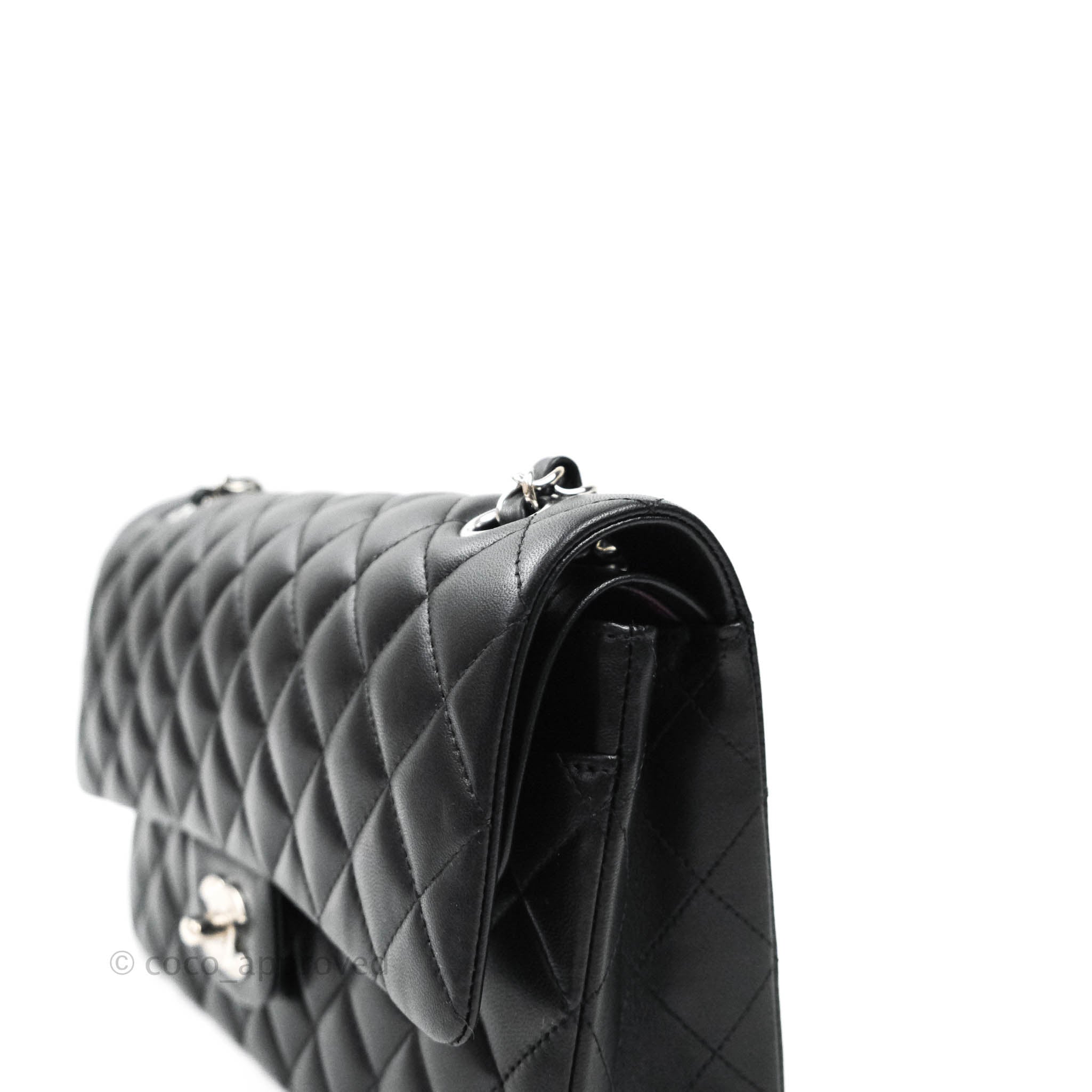 Chanel Classic M/L Medium Double Flap Bag Black Lambskin Silver Hardware - Luxury Designer Handbag for Women, Perfect for Work, Evening & Special Occasions