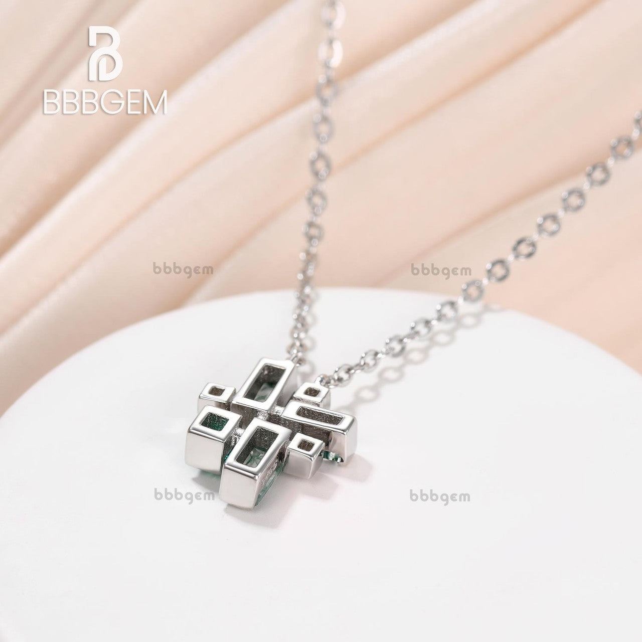 Art Deco Geometric Tetris Pendant - 14K White Gold with Baguette Moss Agate & Diamonds | Vintage Hipster Jewelry for Women | Perfect Gift for Birthday, Anniversary & Special Occasions
