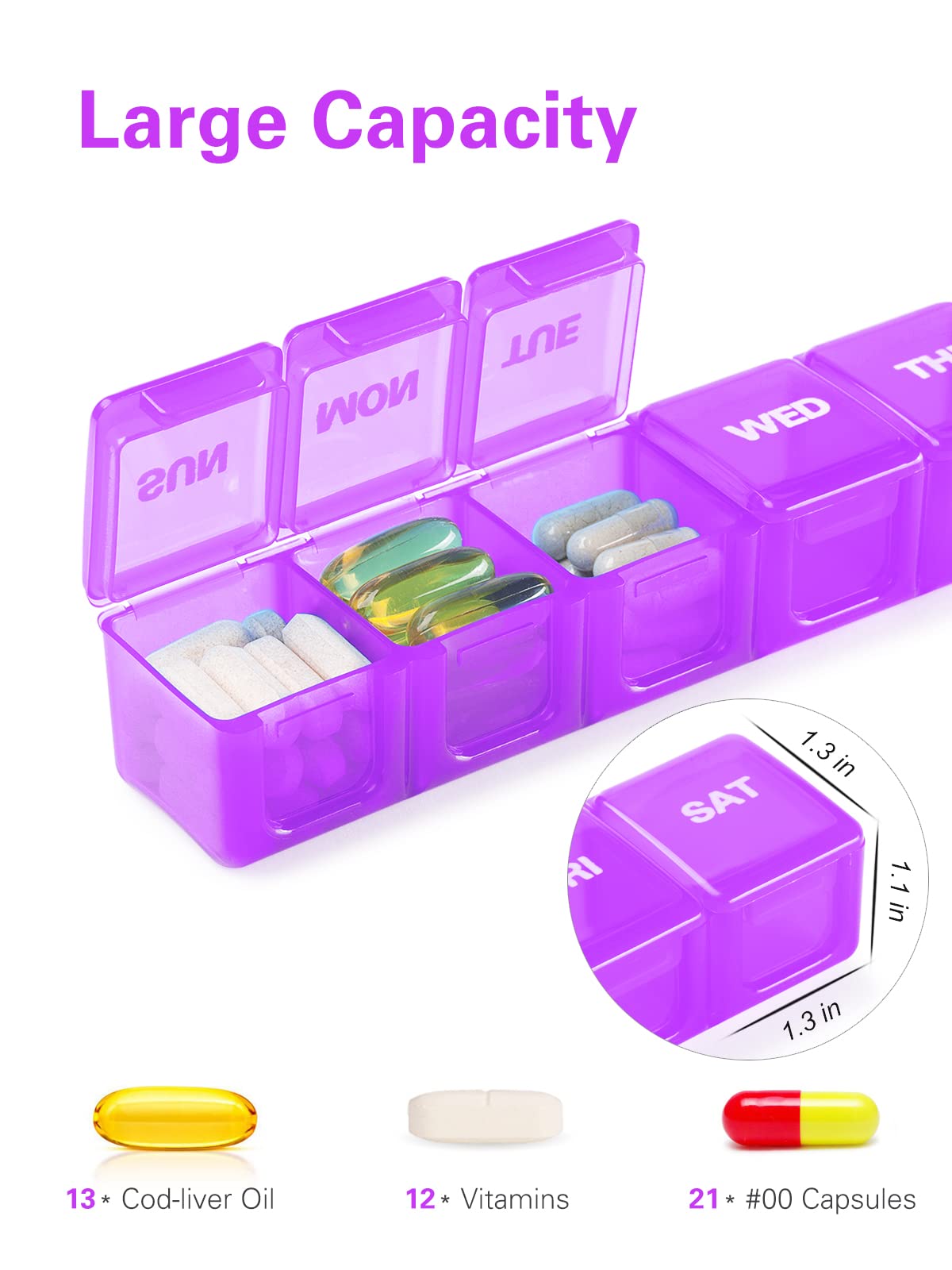 BUG HULL Weekly Pill Organizer 2-Pack - Extra Large 7-Day Travel Pill Box for Vitamins, Supplements & Medications (White+Purple) | Perfect for Daily Medication Management & Travel Essentials