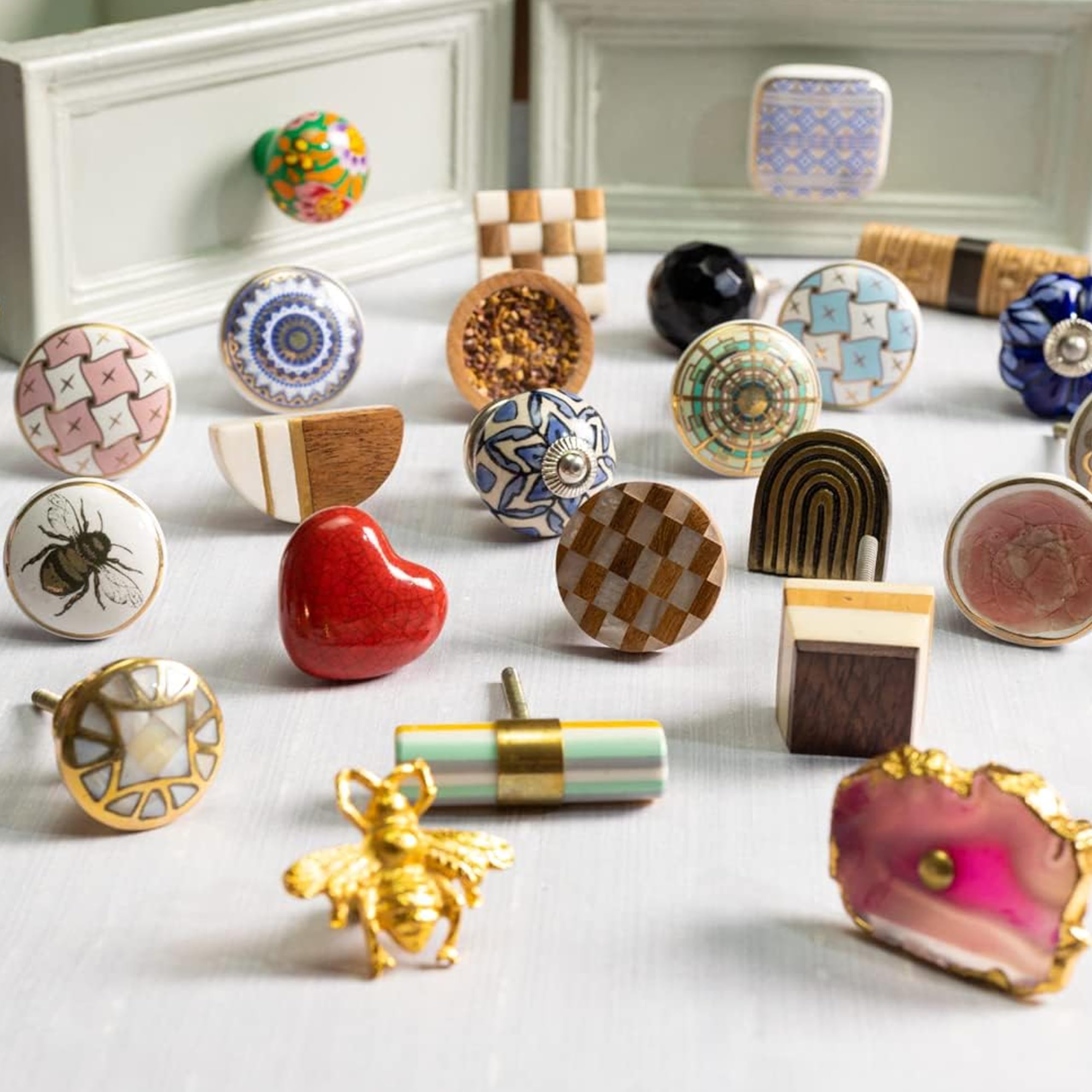 20 Pack Striped Ceramic White Drawer Knobs - Indian Shelf Handcrafted Cabinet Hardware for Kitchen, Dresser & Furniture (Luxury Artisan-Made Pulls) - Perfect for Home Decor & DIY Cabinet Upgrades