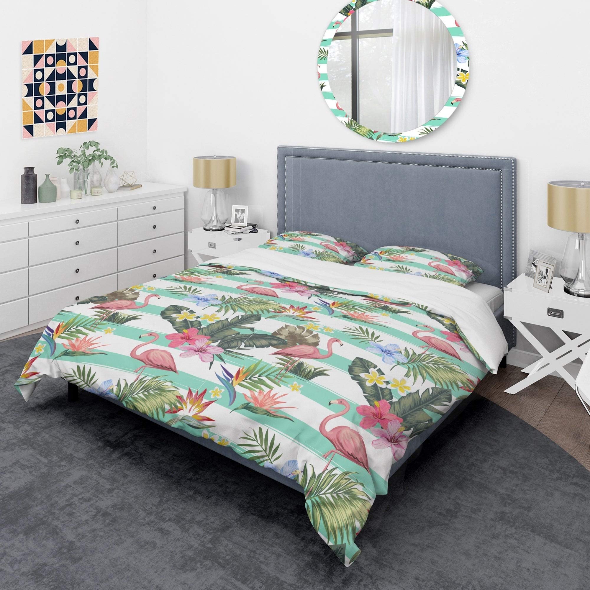 3 Piece Tropical Duvet Cover Set - Green White Pink Exotic Botanical Floral Flamingo Pattern, Full/Queen Size Microfiber Bedding | Perfect for Beach House, Boho Bedroom & Tropical Theme Decor
