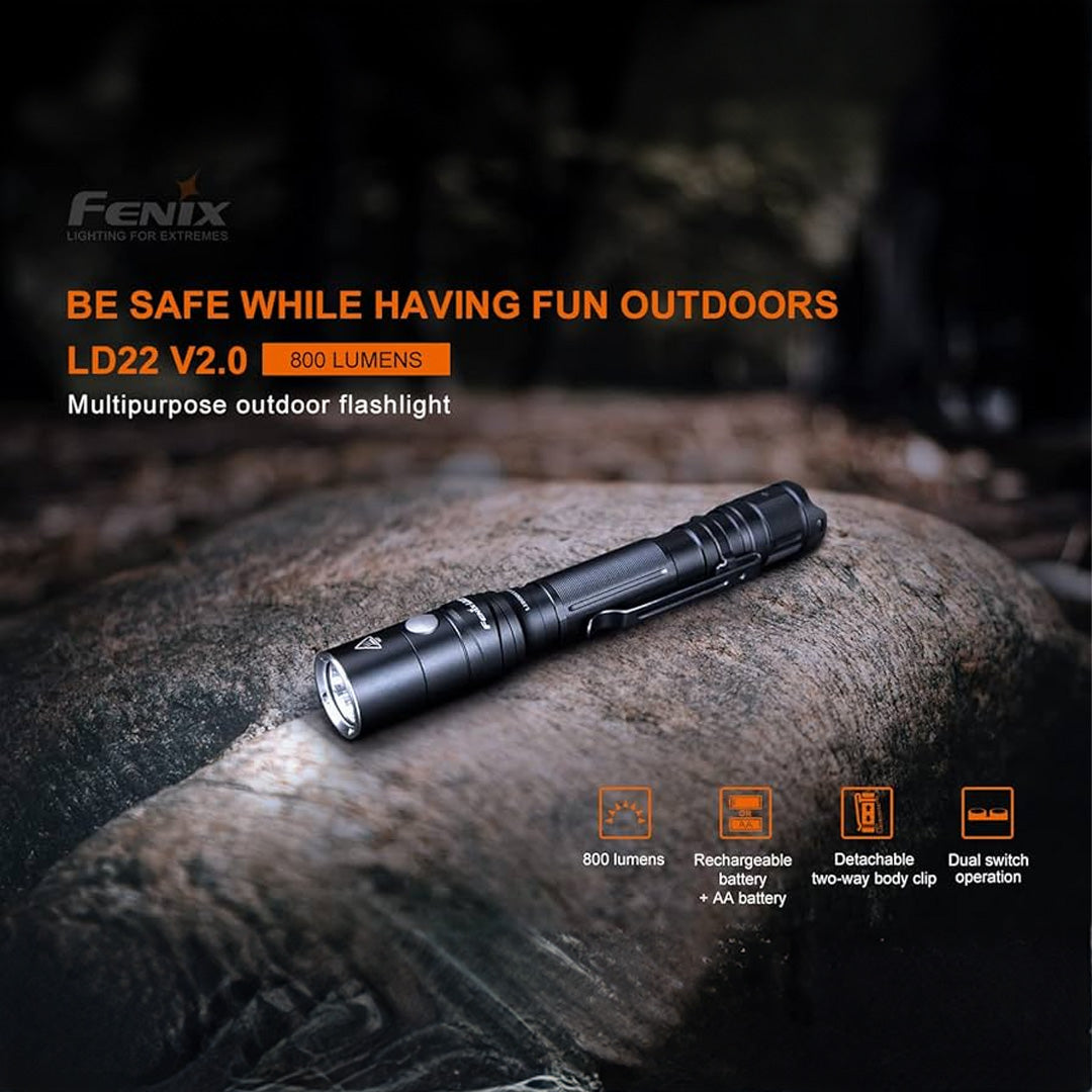 Fenix LD22 2.0 Edition 800 Lumen Tactical Flashlight - Rechargeable LED Handheld Torch for Camping, Hiking, Emergency & Outdoor Adventures