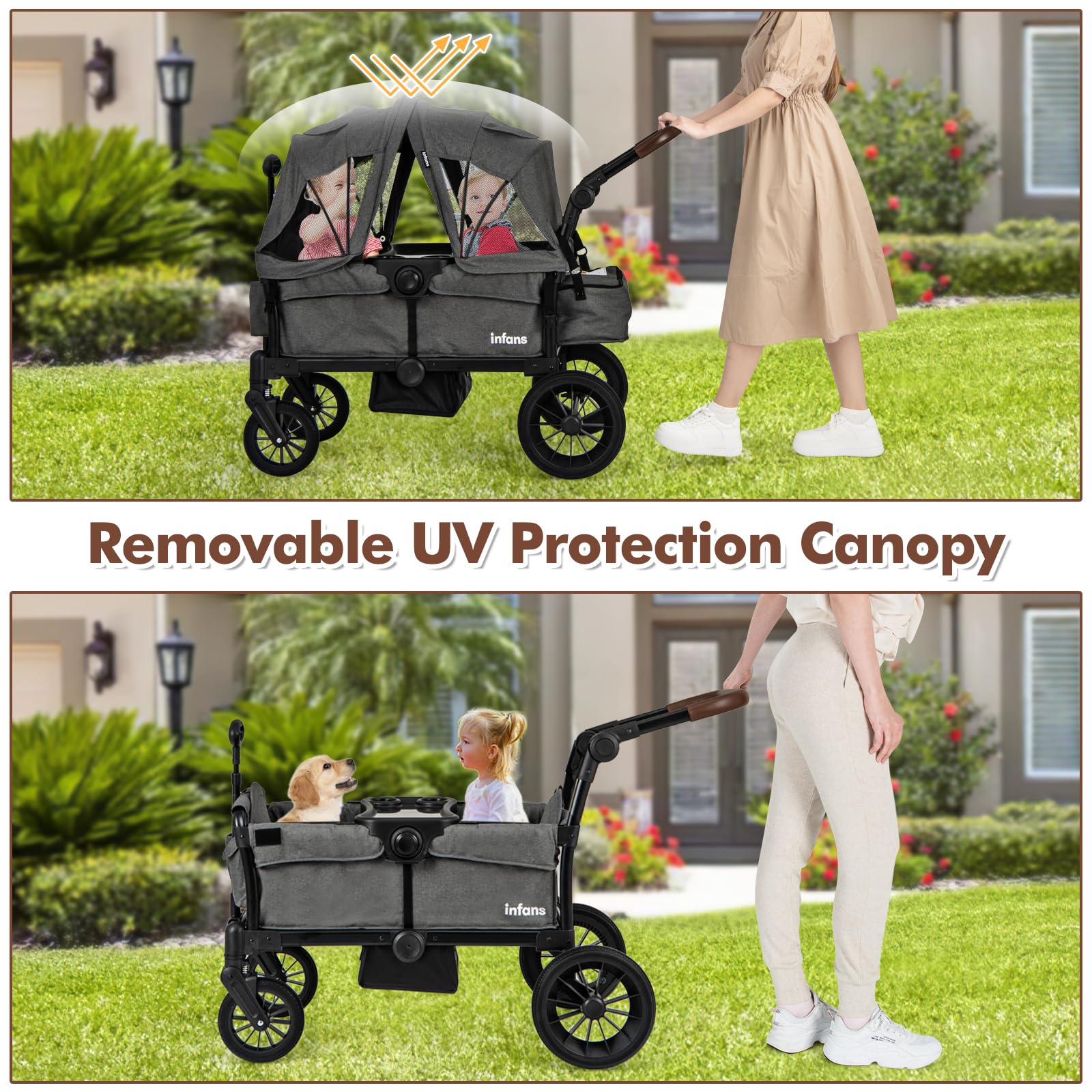 **INFANS 2-in-1 Collapsible Stroller Wagon for Kids – Adjustable Push/Pull Handle, Removable Canopy & Snack Tray, Padded Seats & Drop-Down Footwell – Perfect for Beach, Park, and Family Outings**