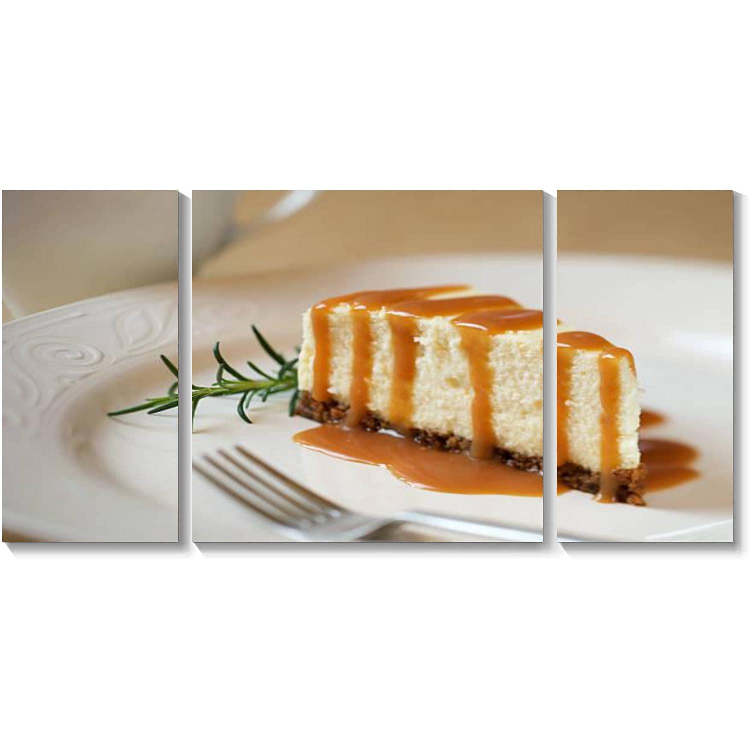 BDMPIZLNSF 3 Panel Canvas Wall Art - Slice of Cheesecake with Caramel Sauce Framed Painting, Modern Home Decor for Living Room & Bedroom, Ready to Hang - Perfect for Dining Area & Kitchen Decor