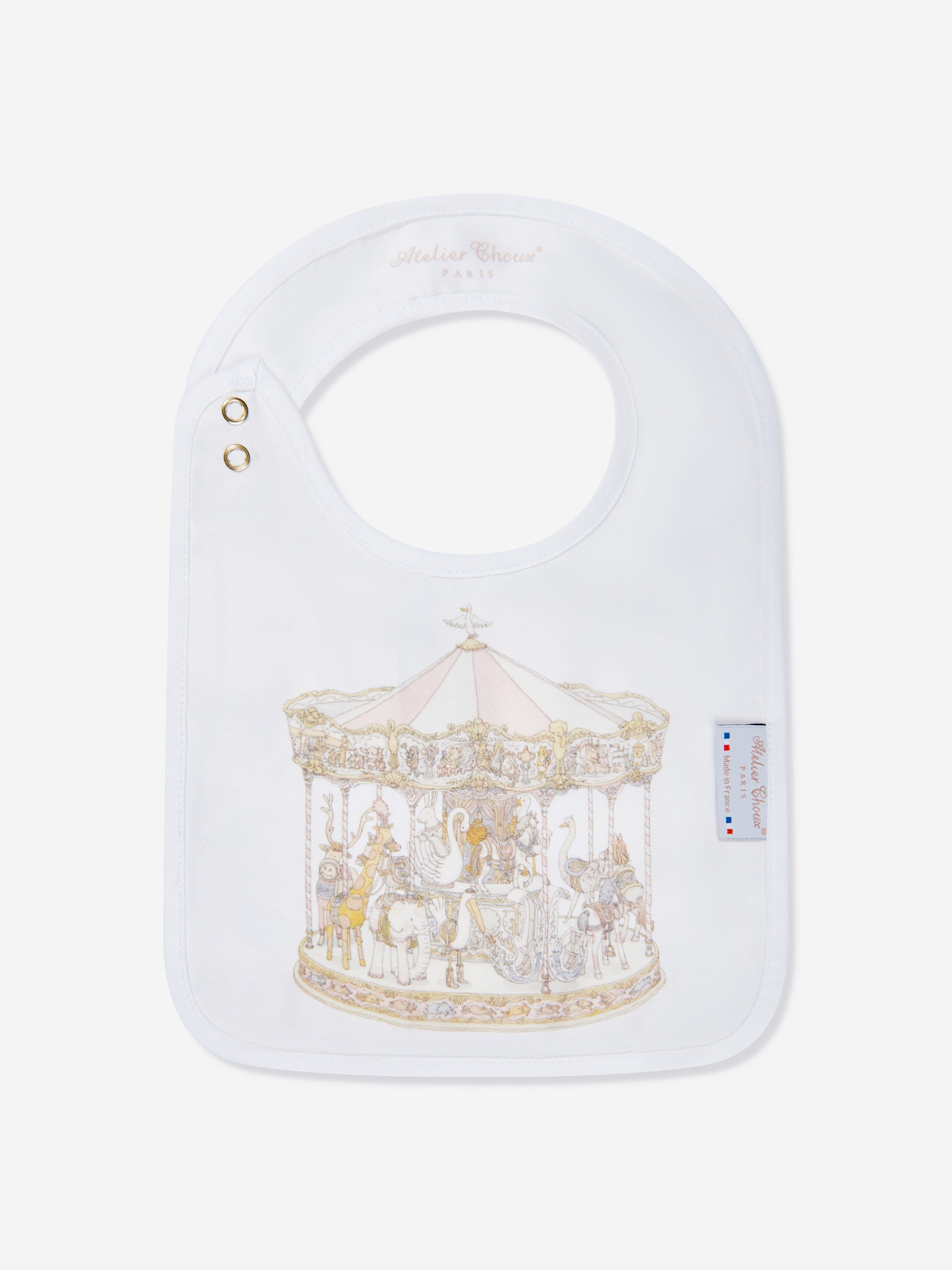 Atelier Choux Pink Satin Baby Bib for Girls - Soft & Absorbent Feeding Bib with Carousel Design - Perfect for Mealtime, Travel & Photo Shoots